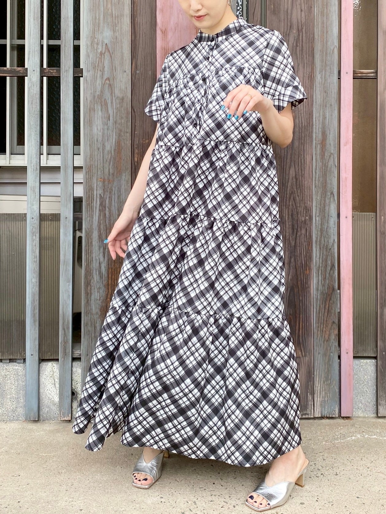 チェック柄 半袖 ティアードワンピース PaulineBleu (ポリーヌブロー)チェック柄プリント半袖ティアード