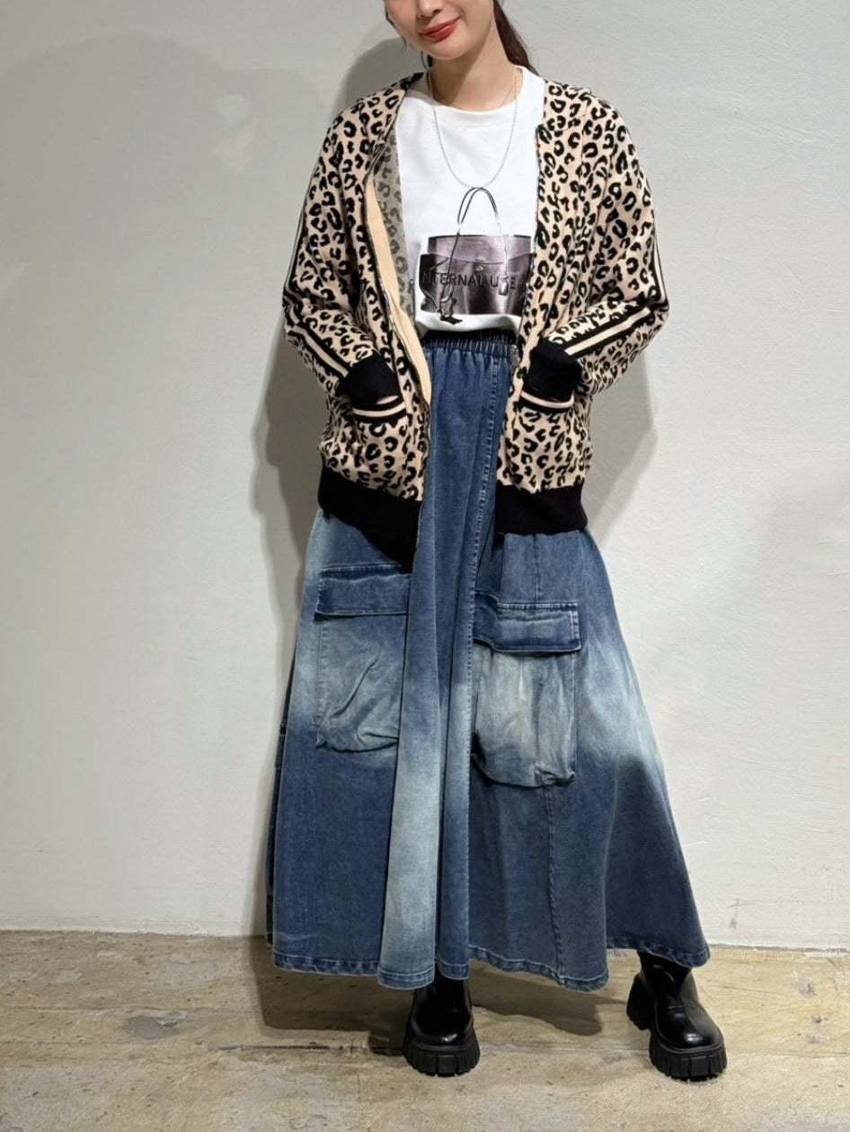 PaulineBleu(ポリーヌブロー) ヒョウ柄袖ラインニットパーカー 47466