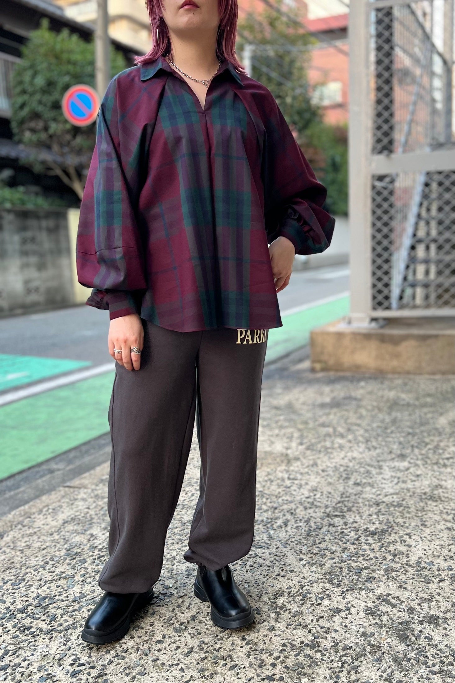 CHIGNON (シニヨン) チェック 袖 ボリューム ブラウス ボルドー ワイン レッド レディース 1435-247kk