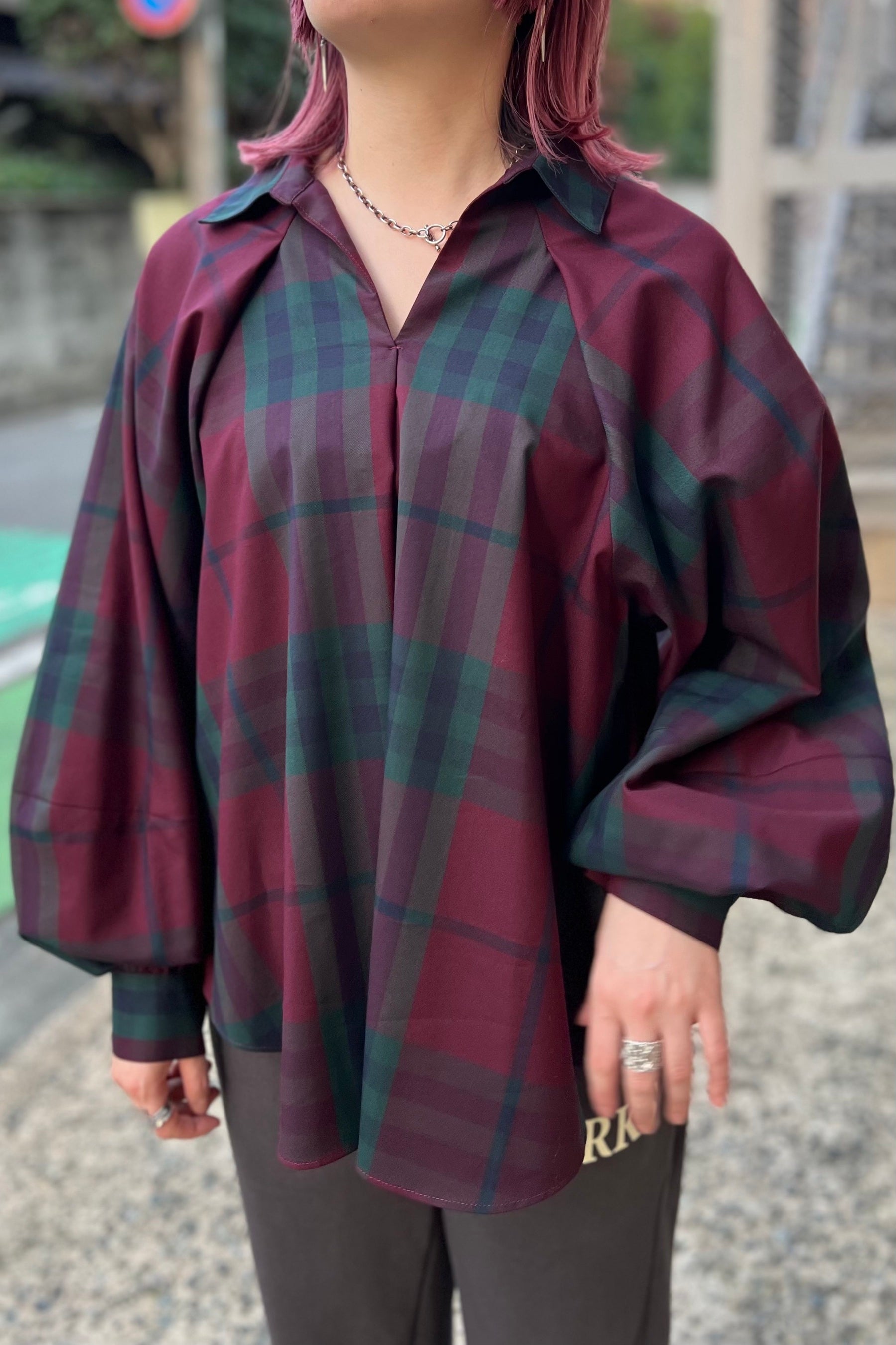 CHIGNON (シニヨン) チェック 袖 ボリューム ブラウス ボルドー ワイン レッド レディース 1435-247kk