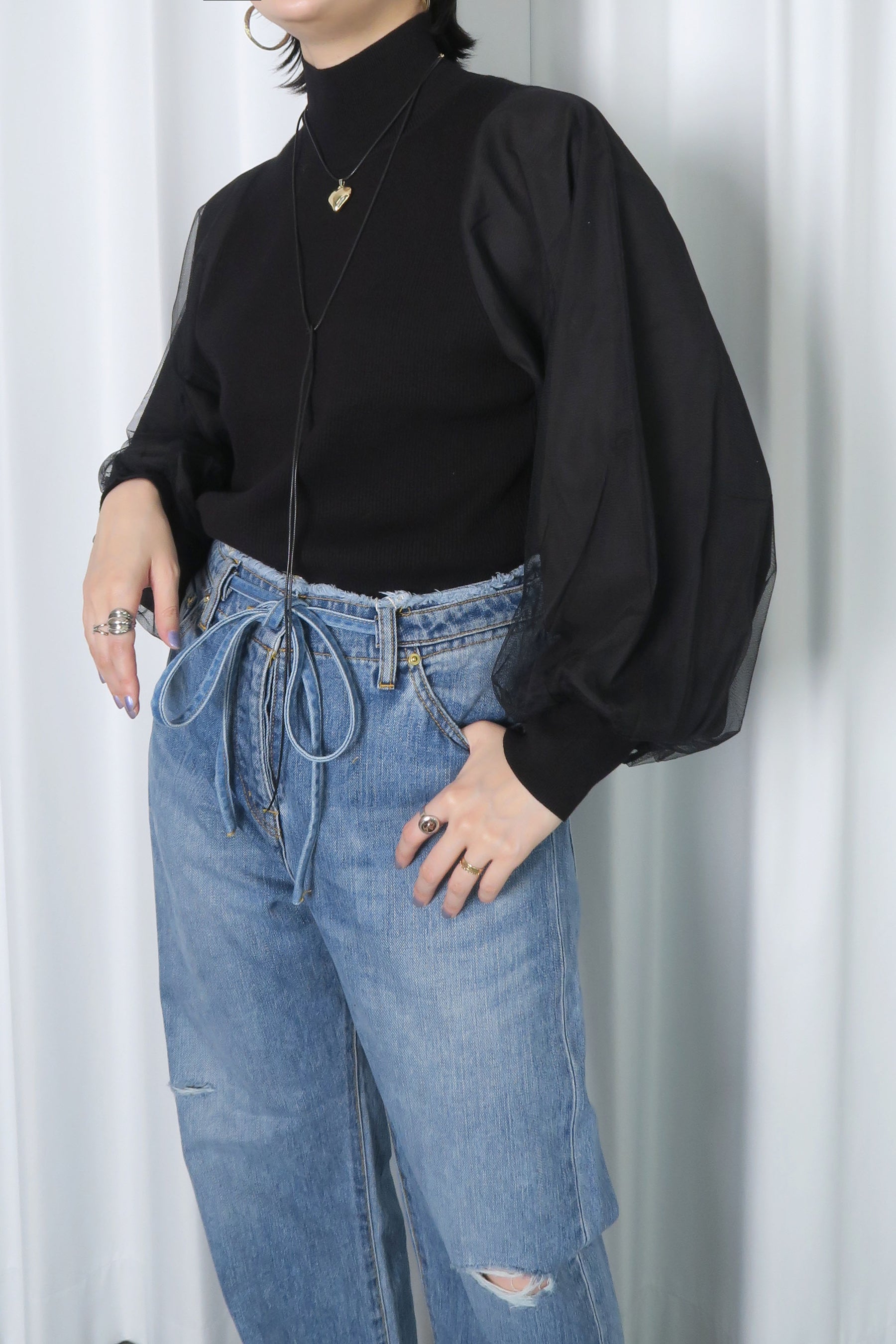 袖チュールニット