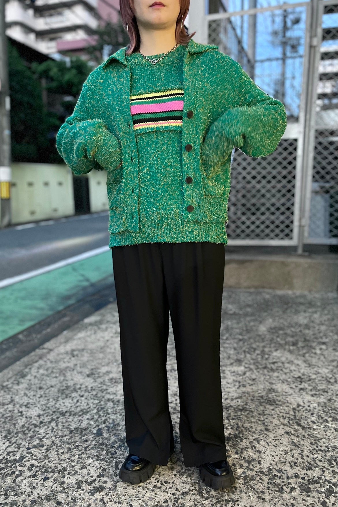 ミックス ニットカーデ レディース ブラック グリーン