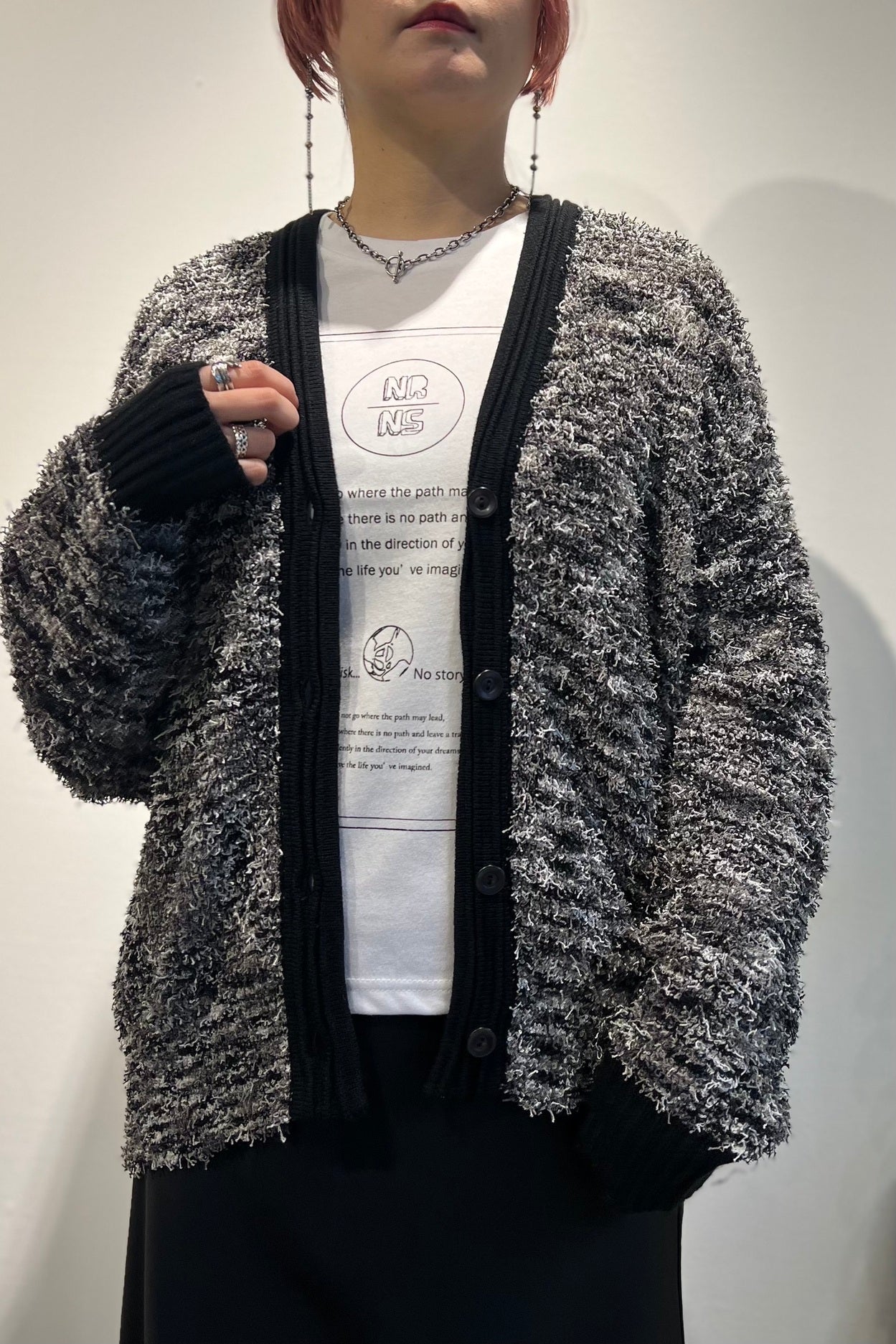 ふわふわ ニットカーデ モノトーン モザイク ゆったり