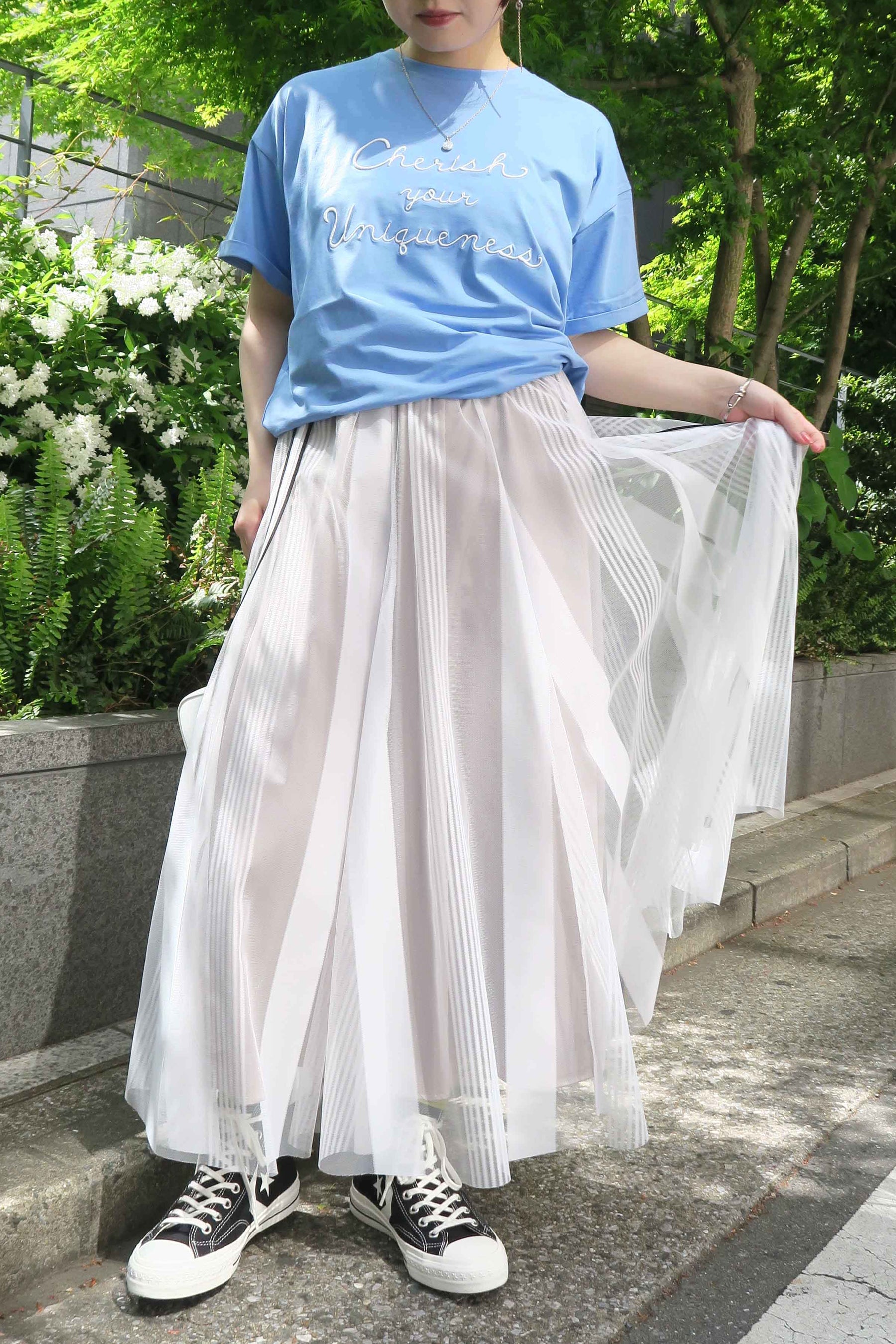MONiLE (モニーレ) ストライプチュールサイドラインスカート 002729 オフシロ