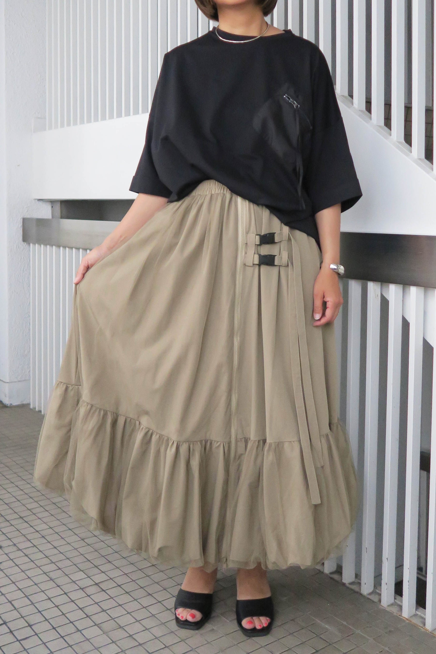 PaulineBleu (ポリーヌブロー) センターzipチュール裾バルーンスカート 87042 ベージュ