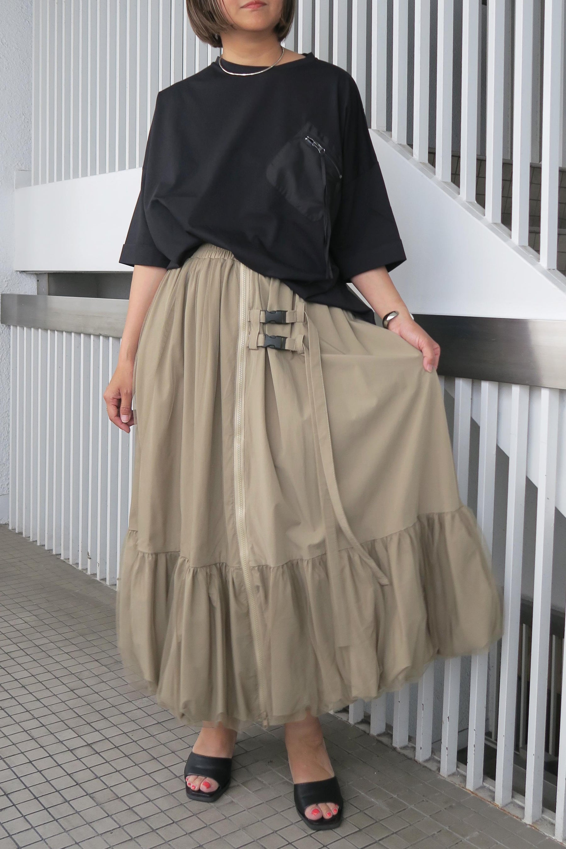 PaulineBleu (ポリーヌブロー) センターzipチュール裾バルーンスカート 87042 ベージュ
