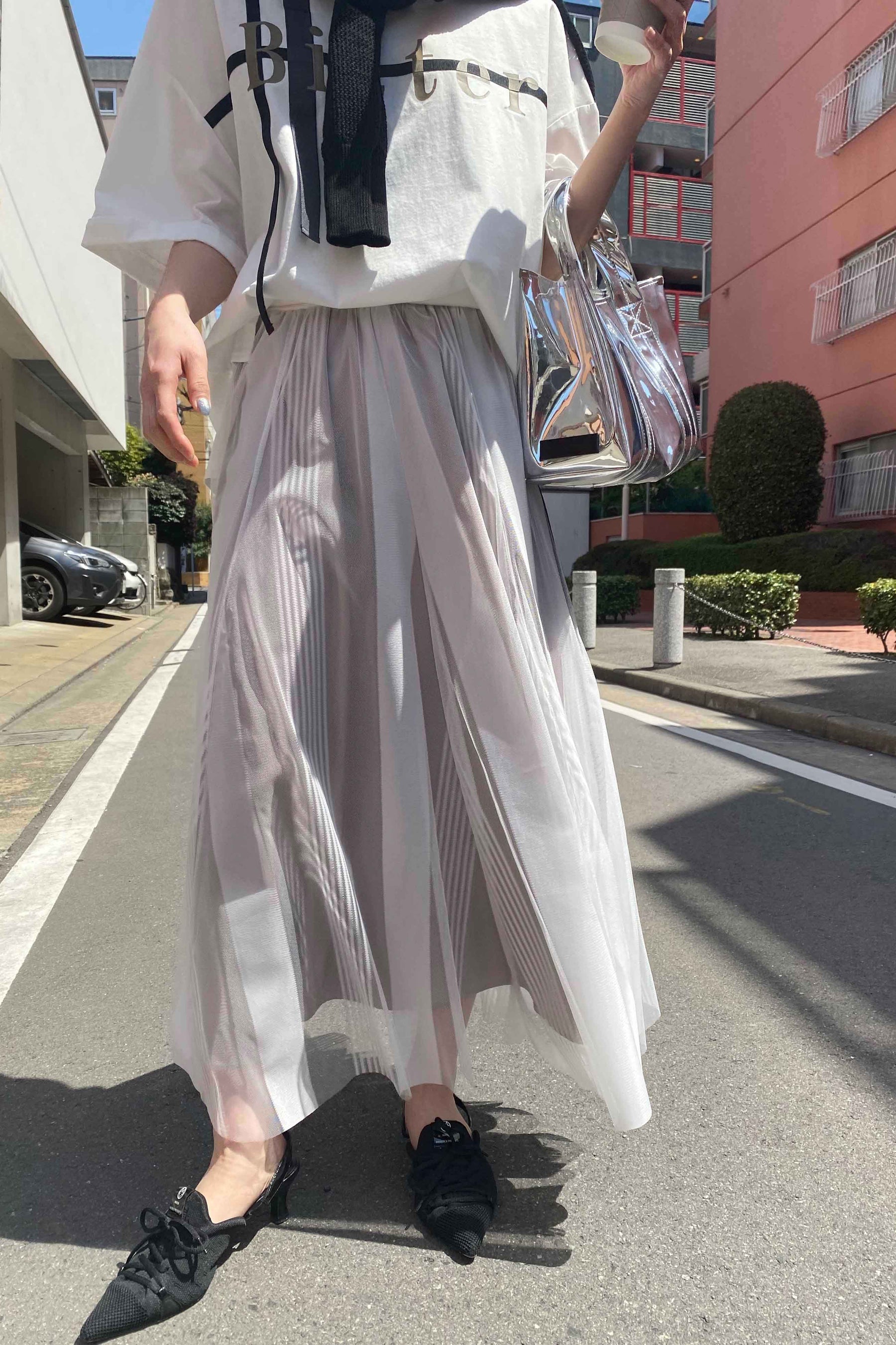 MONiLE (モニーレ) ストライプチュールサイドラインスカート 002729 オフシロ