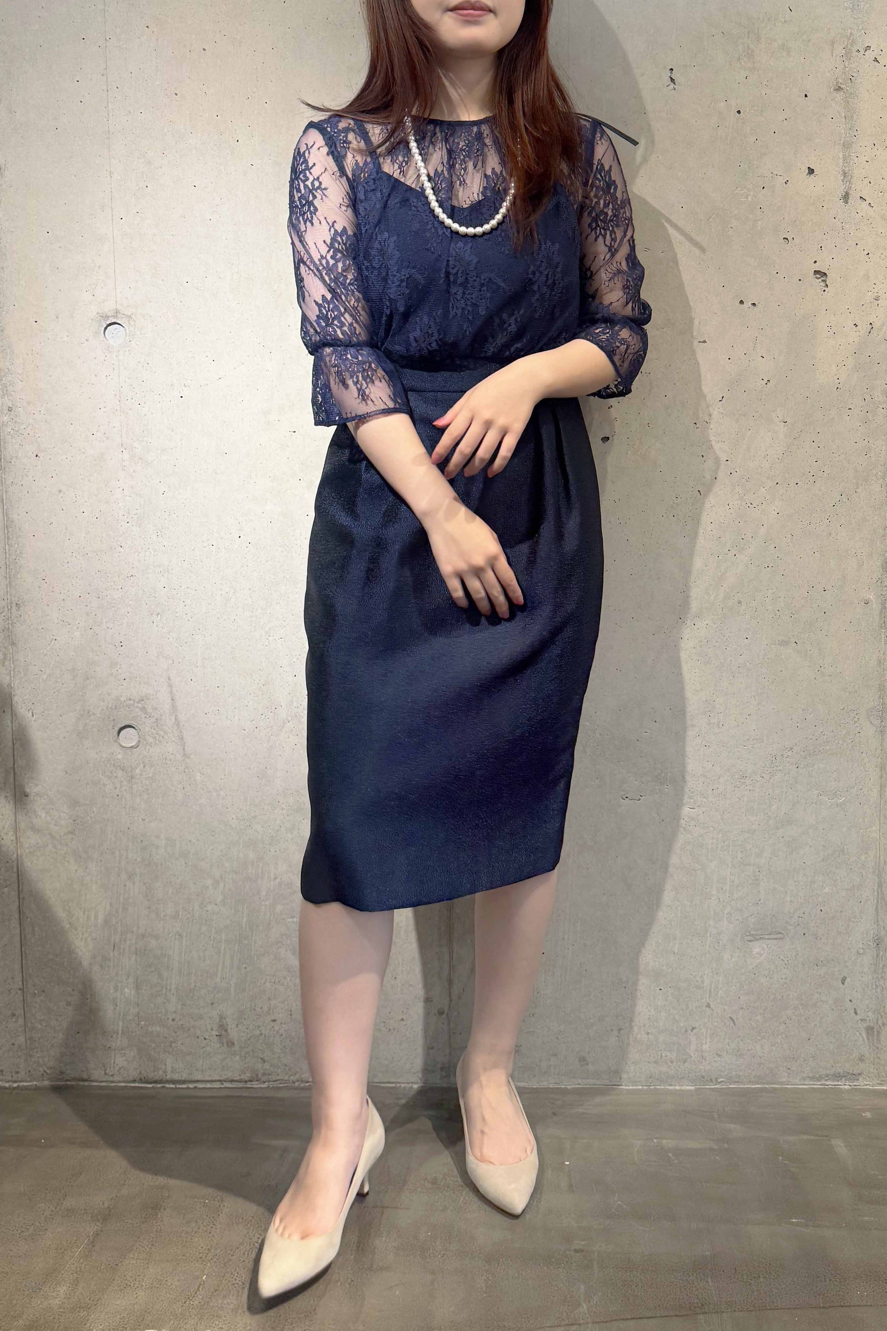 Kaene(カエン) レース×ジャガードワンピース 100476 /格安/セール ネイビー