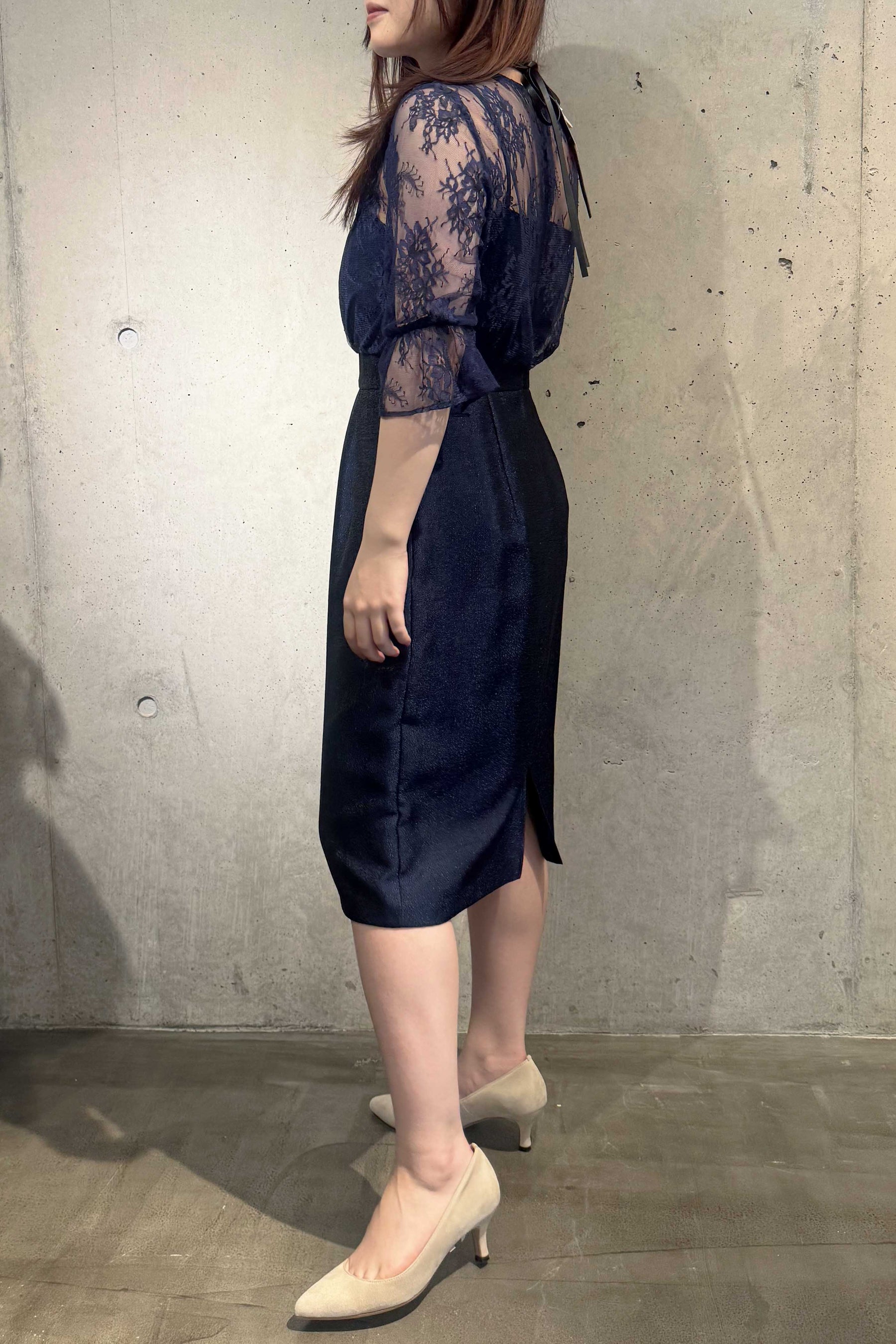 Kaene(カエン) レース×ジャガードワンピース 100476 /格安/セール ネイビー