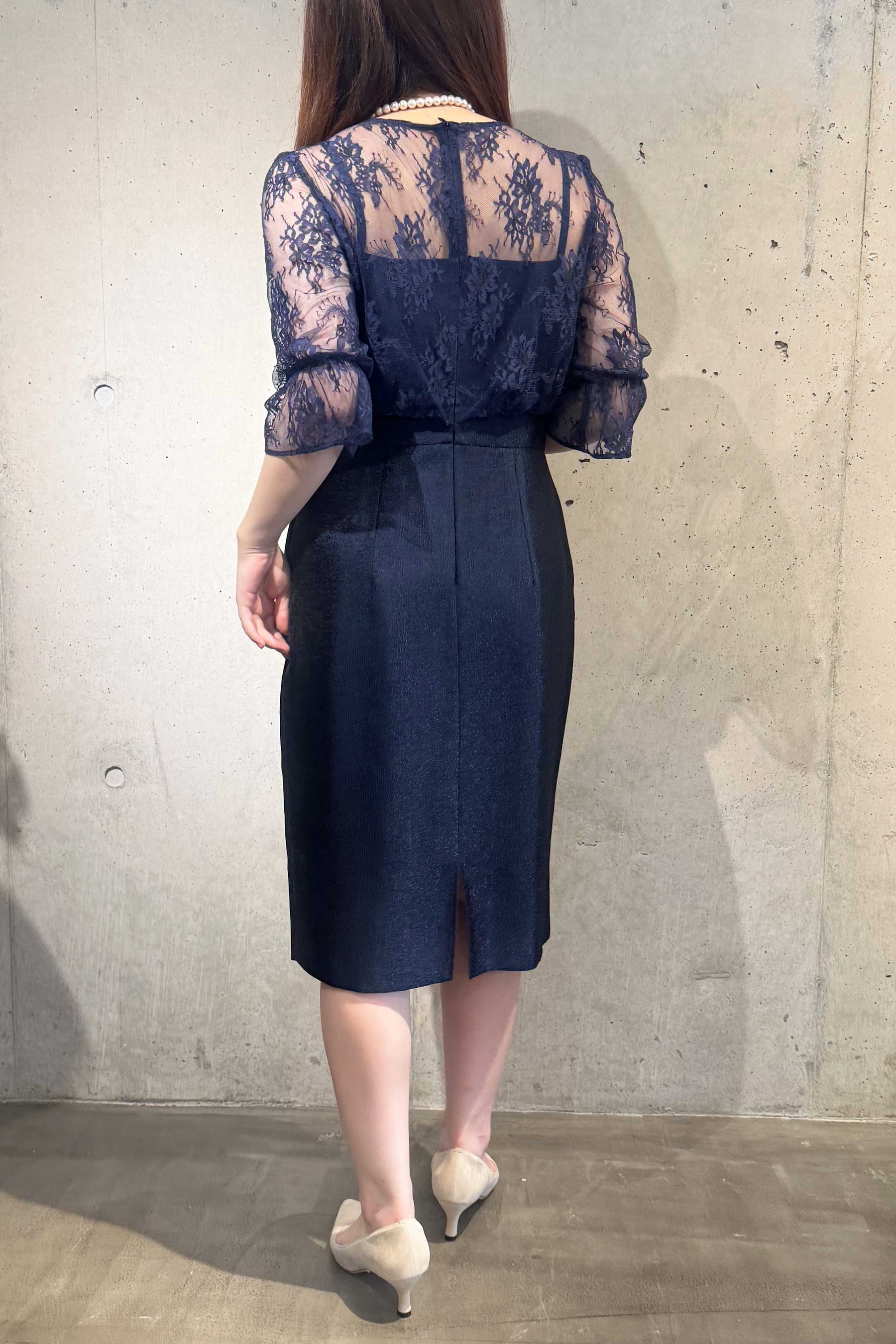 Kaene(カエン) レース×ジャガードワンピース 100476 /格安/セール ネイビー