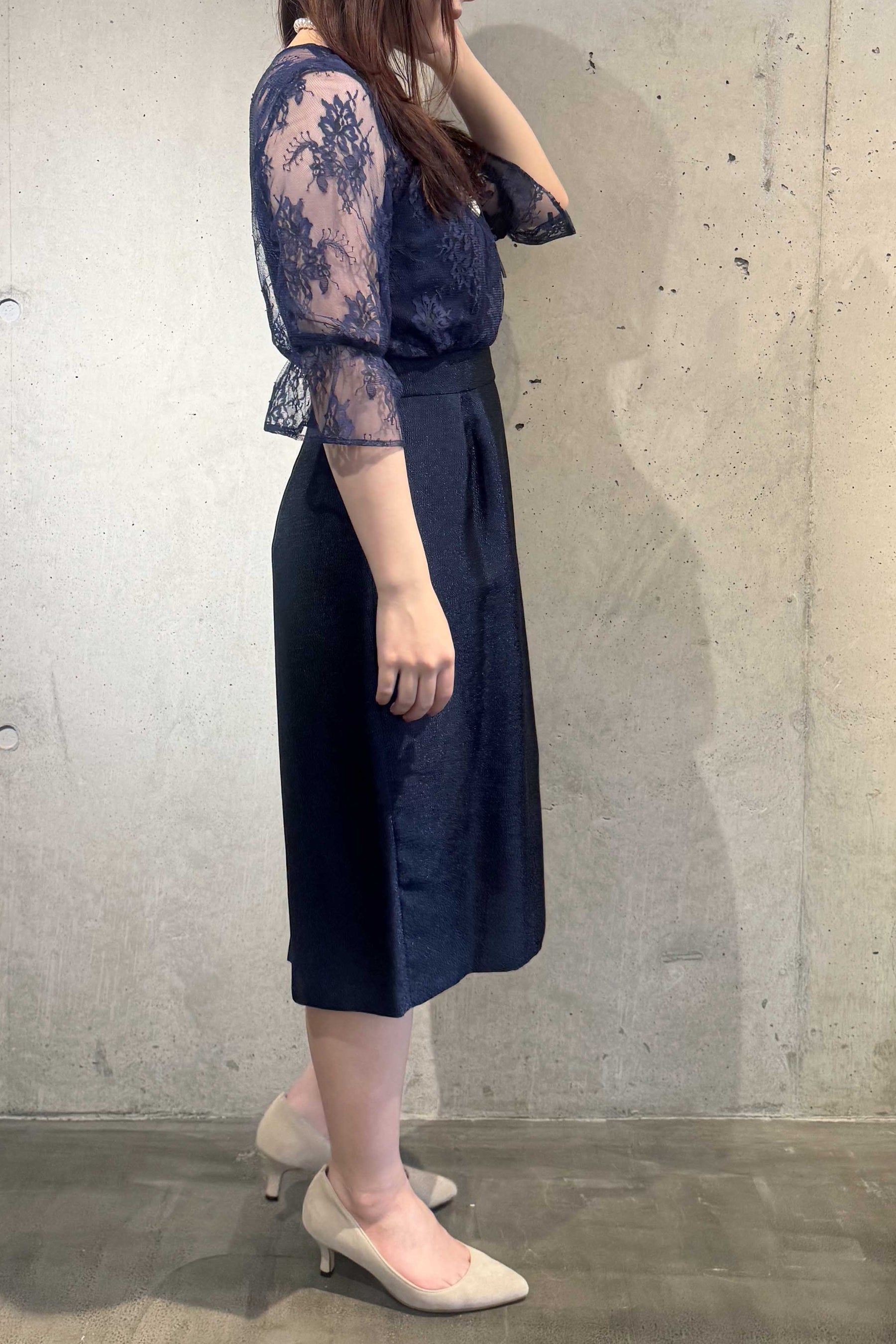 Kaene(カエン) レース×ジャガードワンピース 100476 /格安/セール ネイビー