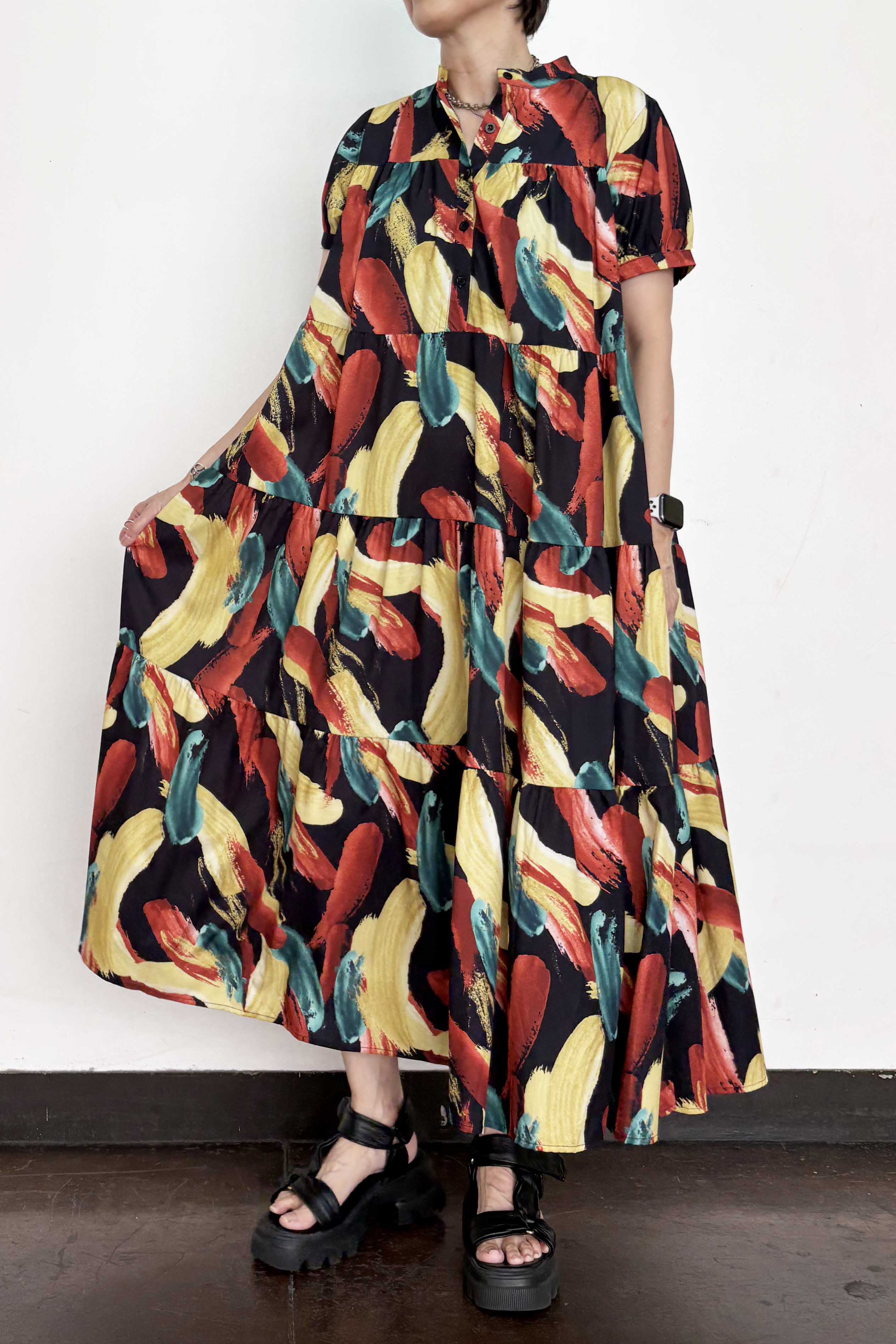 PaulineBleu (ポリーヌブロー) 油絵風プリント半袖ティアード