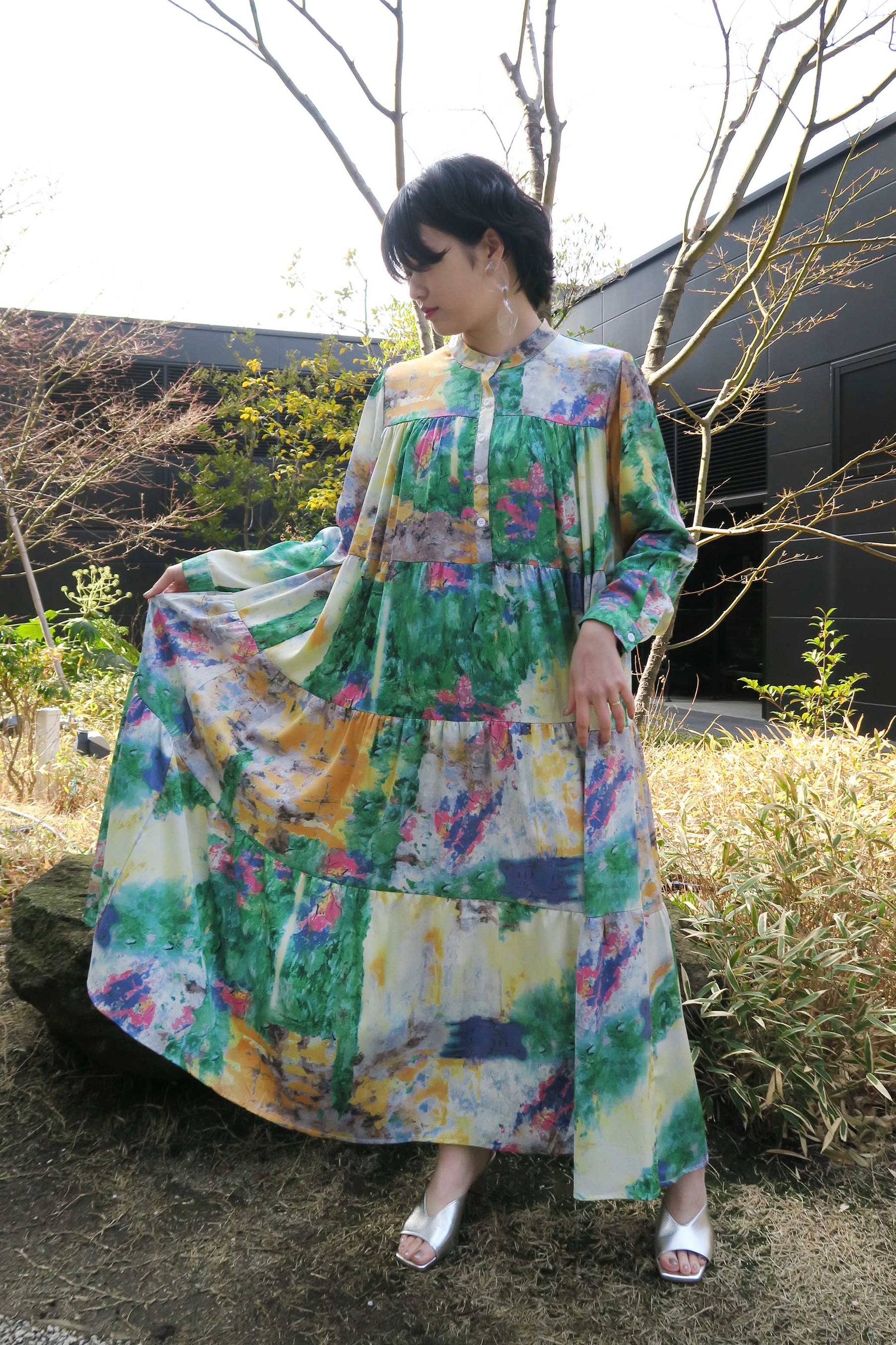 PaulineBleu ポリーヌブロー ブラシアート柄 リゾート ティアード ワンピース 長袖 モネ 水彩 ドット
