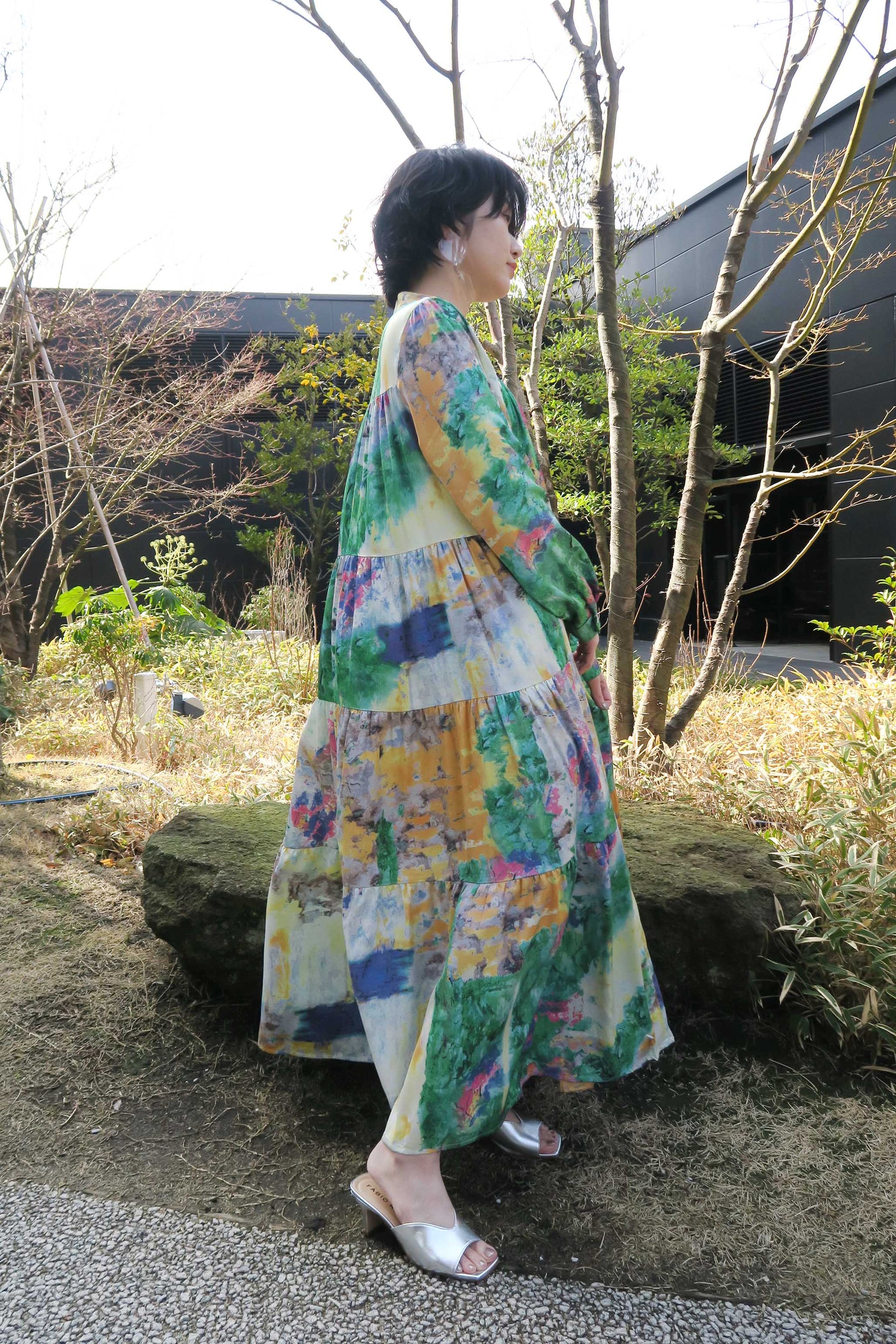 PaulineBleu ポリーヌブロー ブラシアート柄 リゾート ティアード ワンピース 長袖 モネ 水彩 ドット