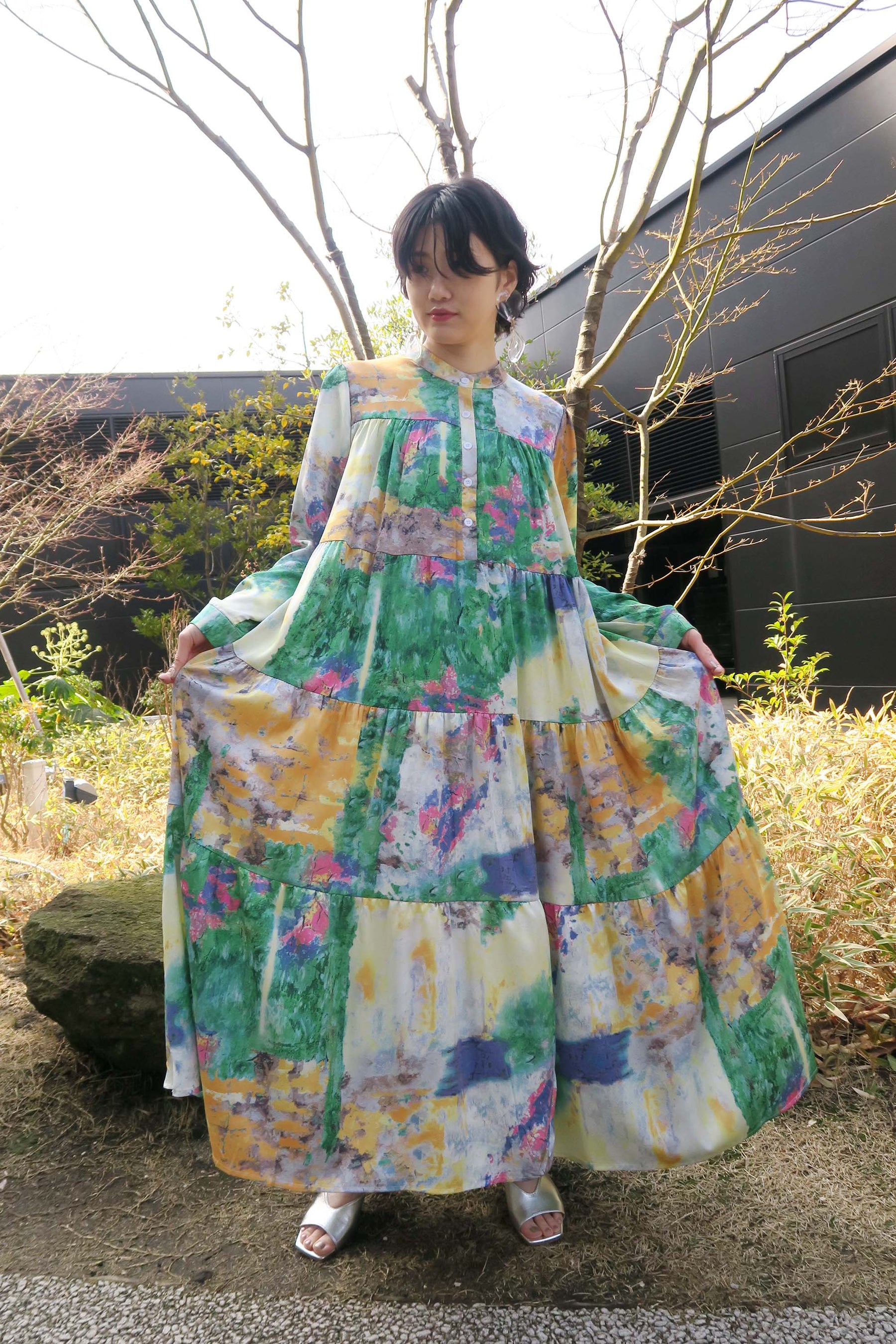 PaulineBleu ポリーヌブロー ブラシアート柄 リゾート ティアード ワンピース 長袖 モネ 水彩 ドット