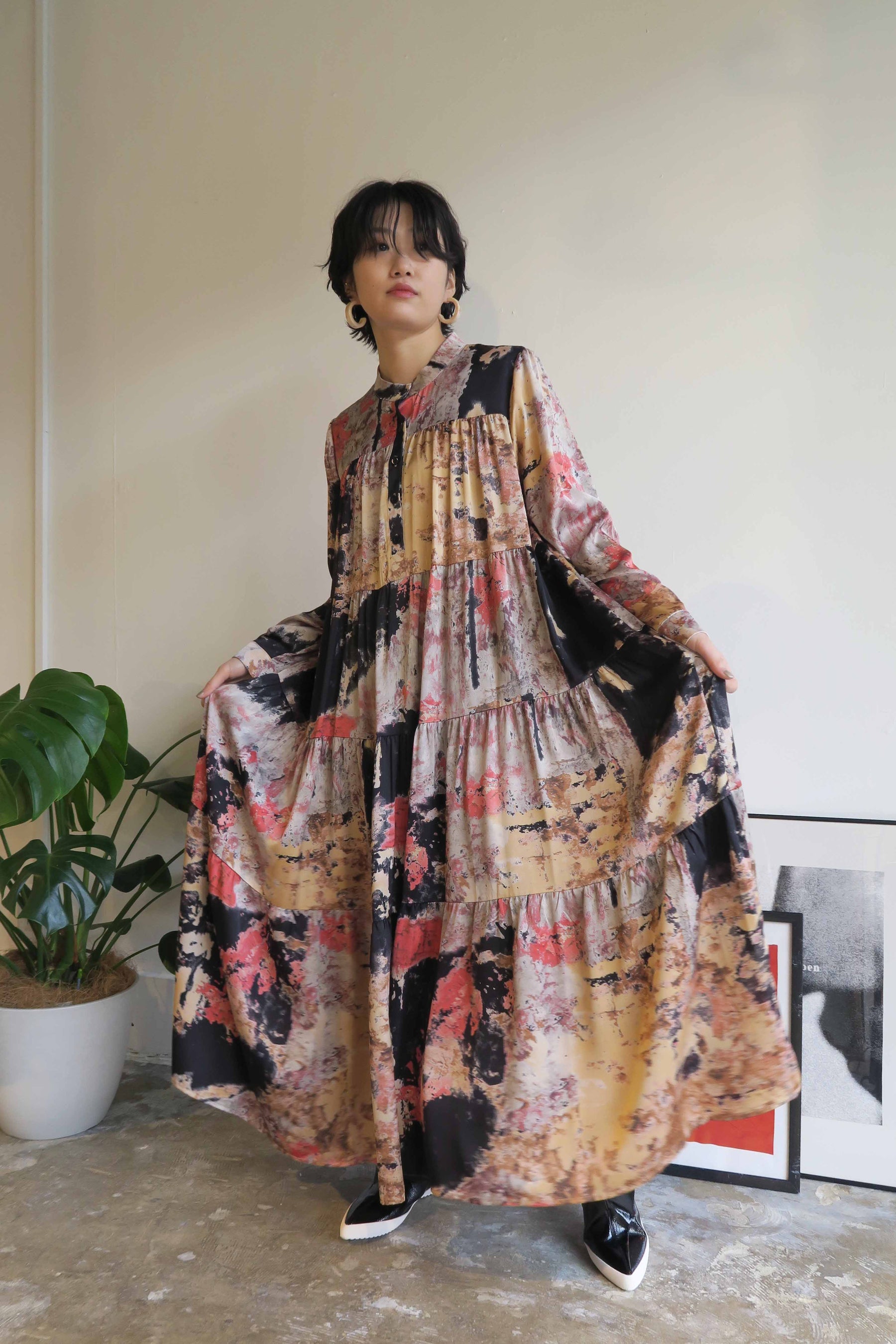 PaulineBleu ポリーヌブロー ブラシアート柄 リゾート ティアード ワンピース 長袖 モネ 水彩 ドット