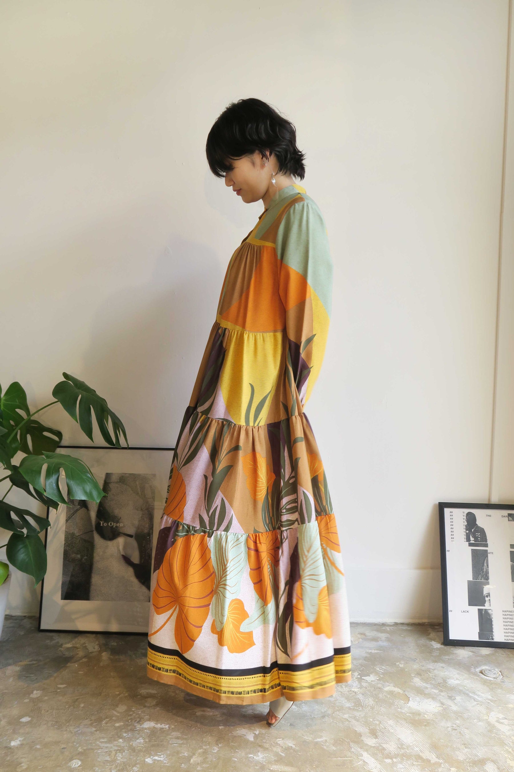 PaulineBleu ポリーヌブロー カラーブロック リゾート ティアード ワンピース 長袖 ボタニカル柄