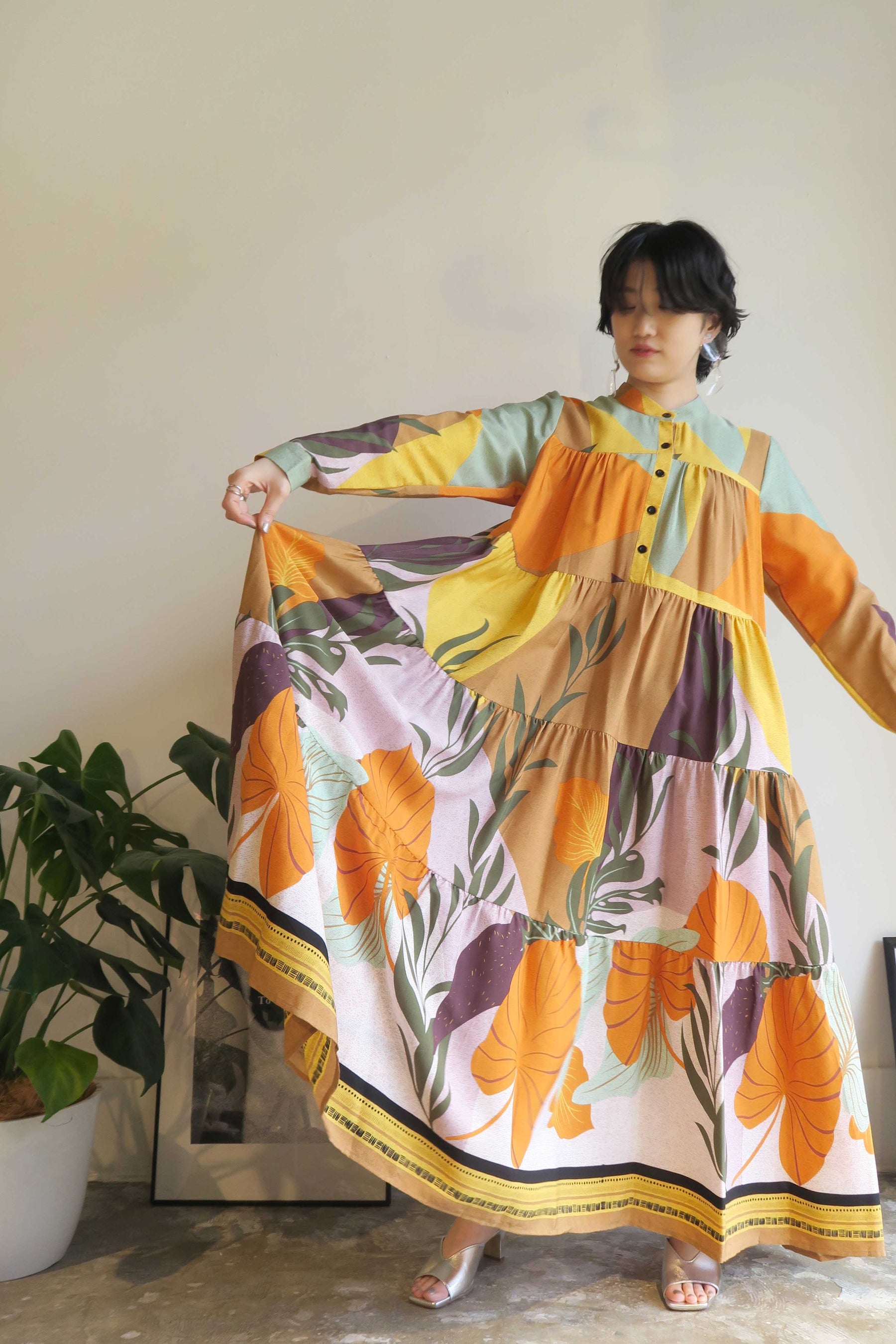 PaulineBleu ポリーヌブロー カラーブロック リゾート ティアード ワンピース 長袖 ボタニカル柄