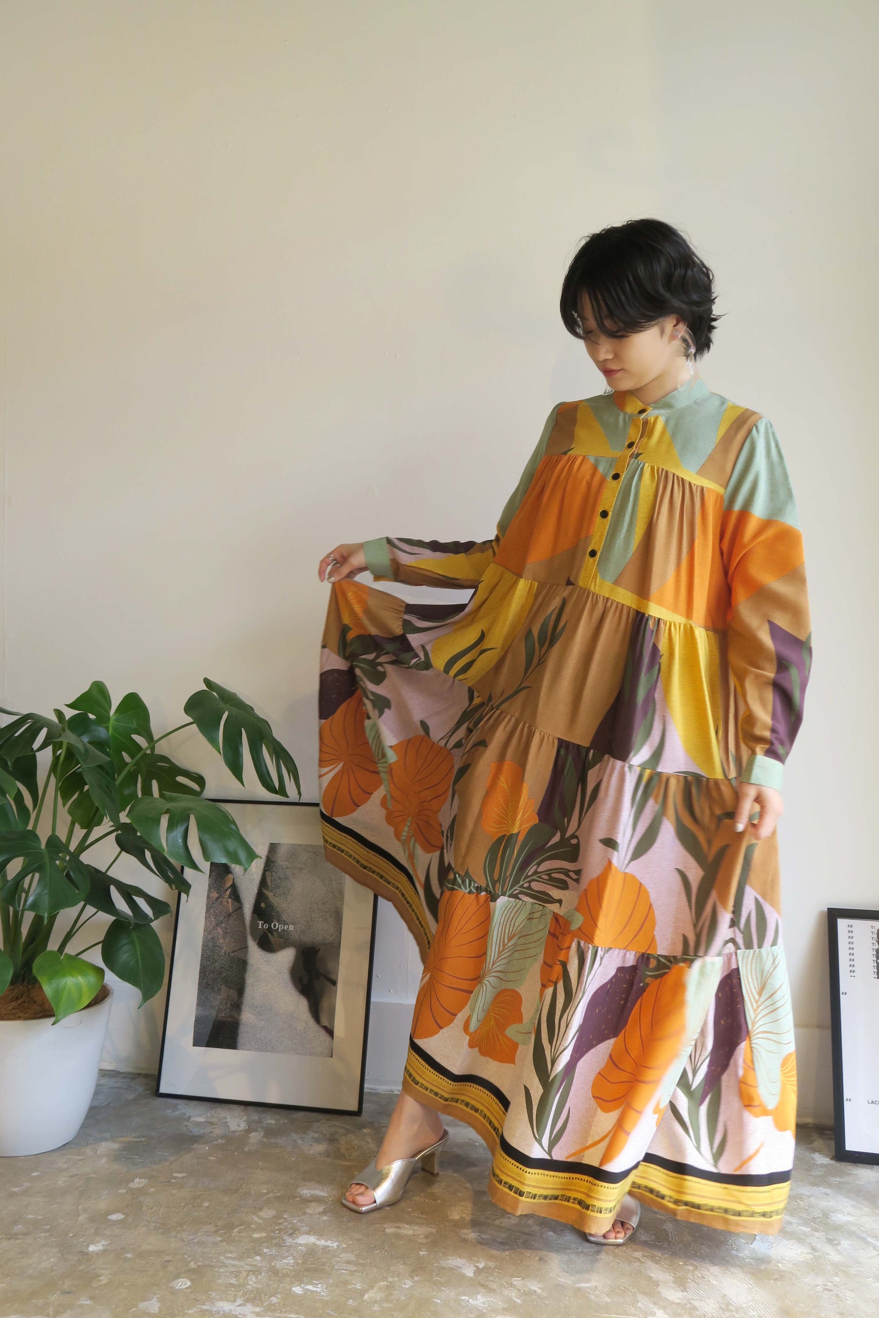 PaulineBleu ポリーヌブロー カラーブロック リゾート ティアード ワンピース 長袖 ボタニカル柄