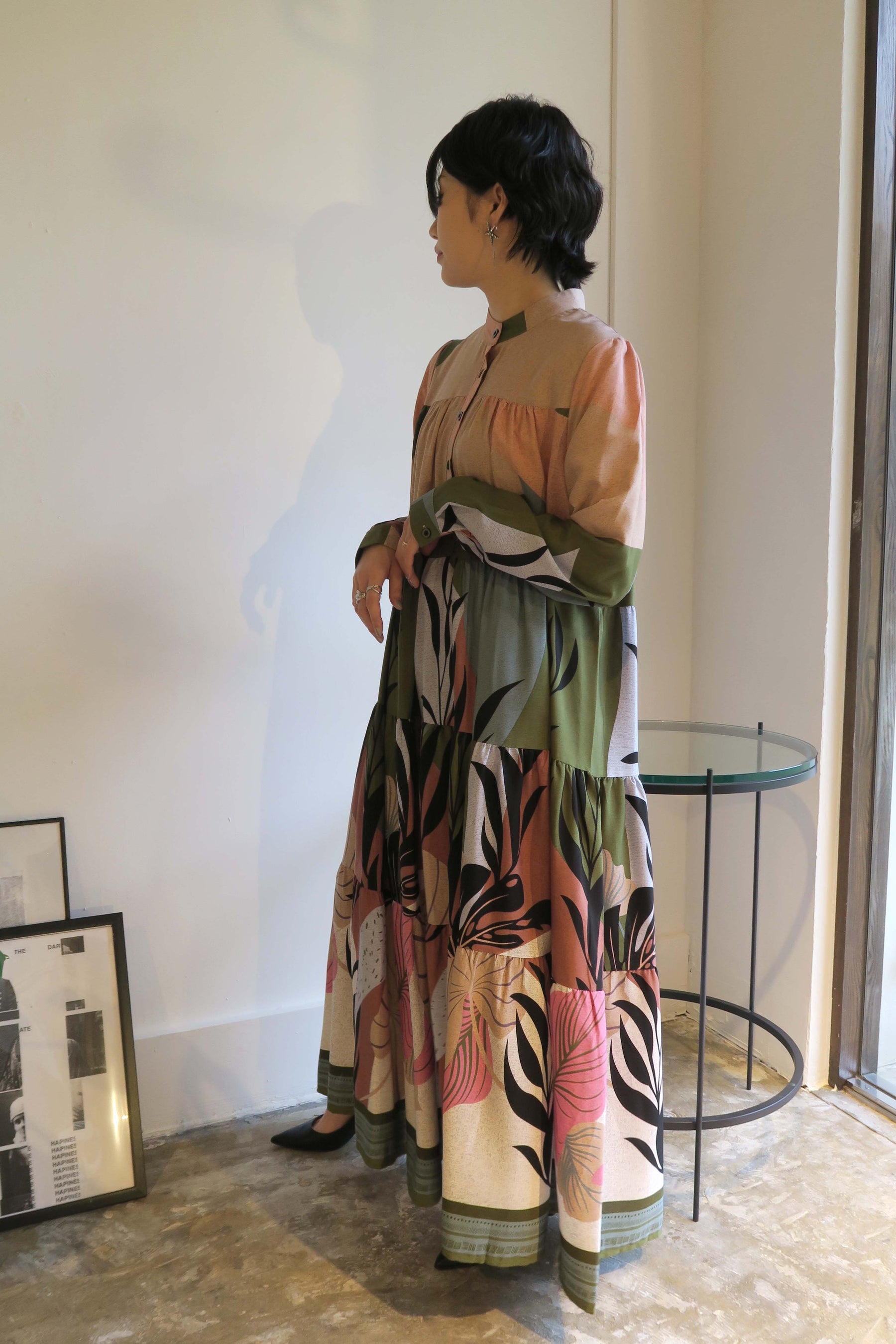 PaulineBleu ポリーヌブロー カラーブロック リゾート ティアード ワンピース 長袖 ボタニカル柄