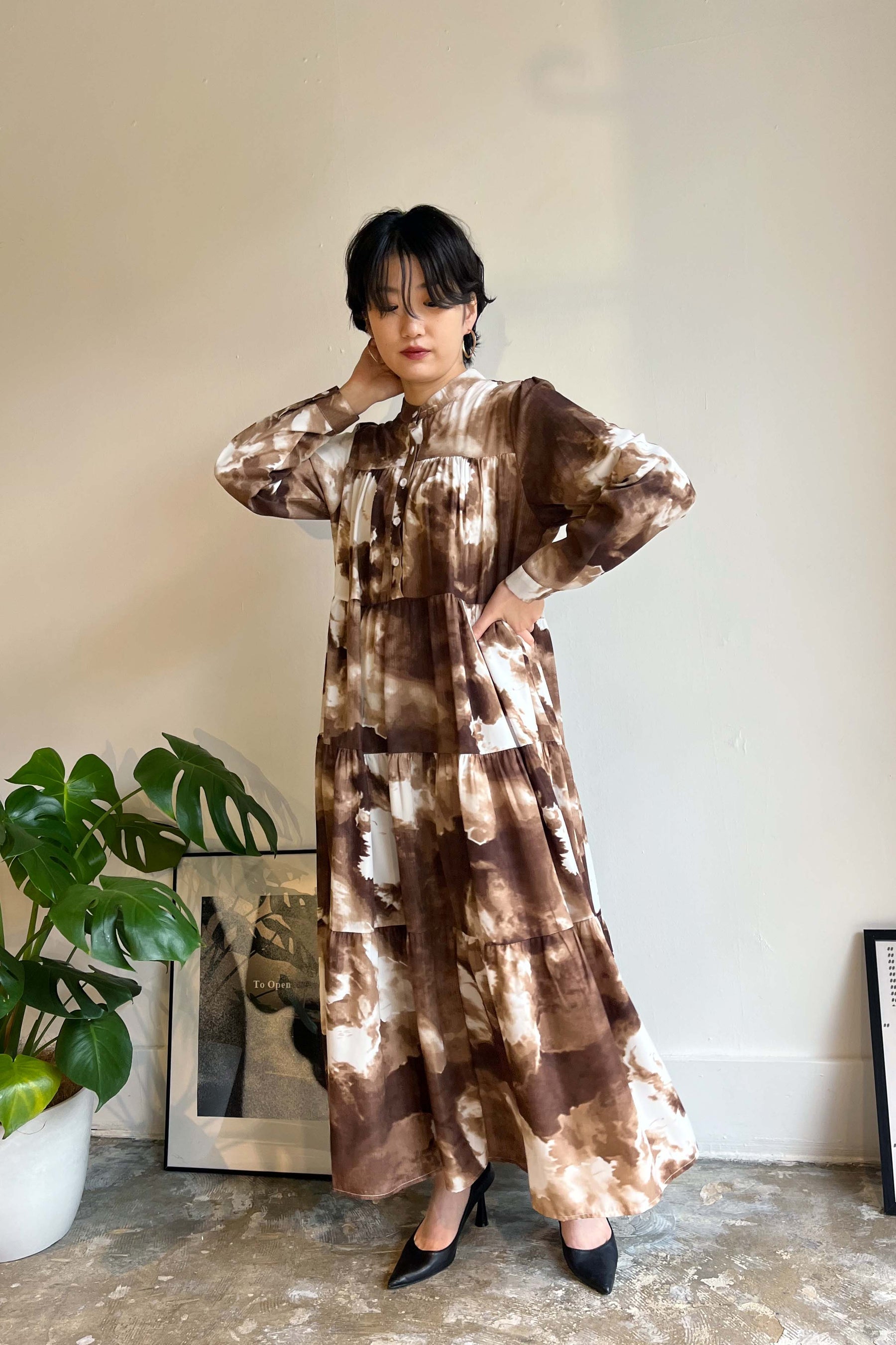 PaulineBleu ポリーヌブロー ムラ染 ティアード ワンピース 長袖 モノトーン