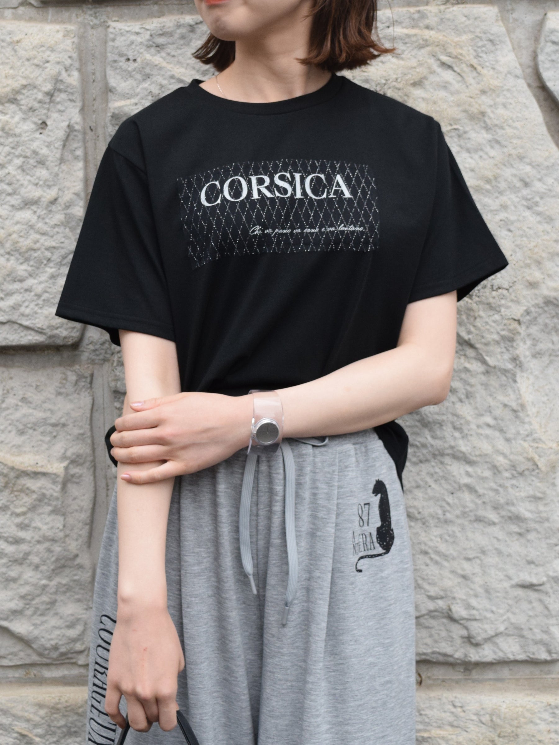ラメチュール重ねロゴプリントTシャツ