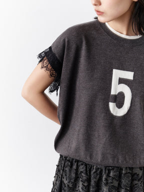 ｢５｣ロゴインターシャフレンチレース袖ニット