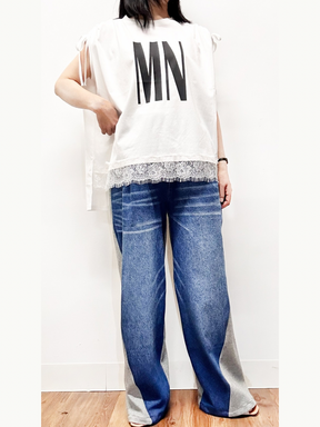 肩リボン裾レースロゴTシャツ