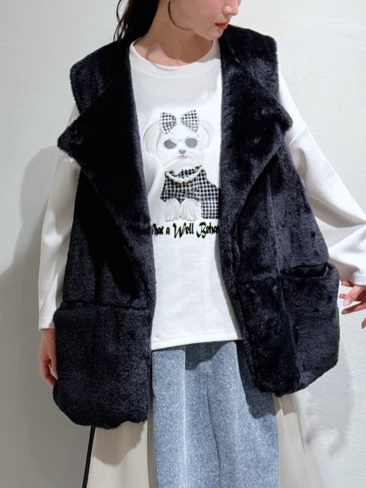 犬プリントパール付長袖TOPS