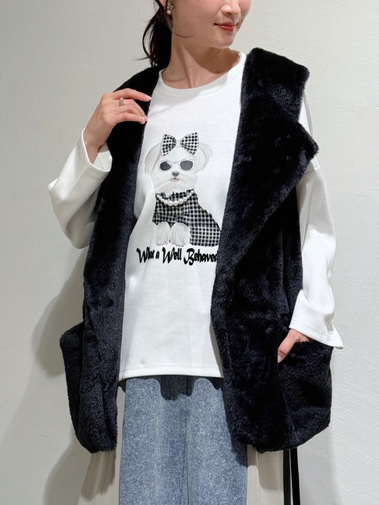犬プリントパール付長袖TOPS