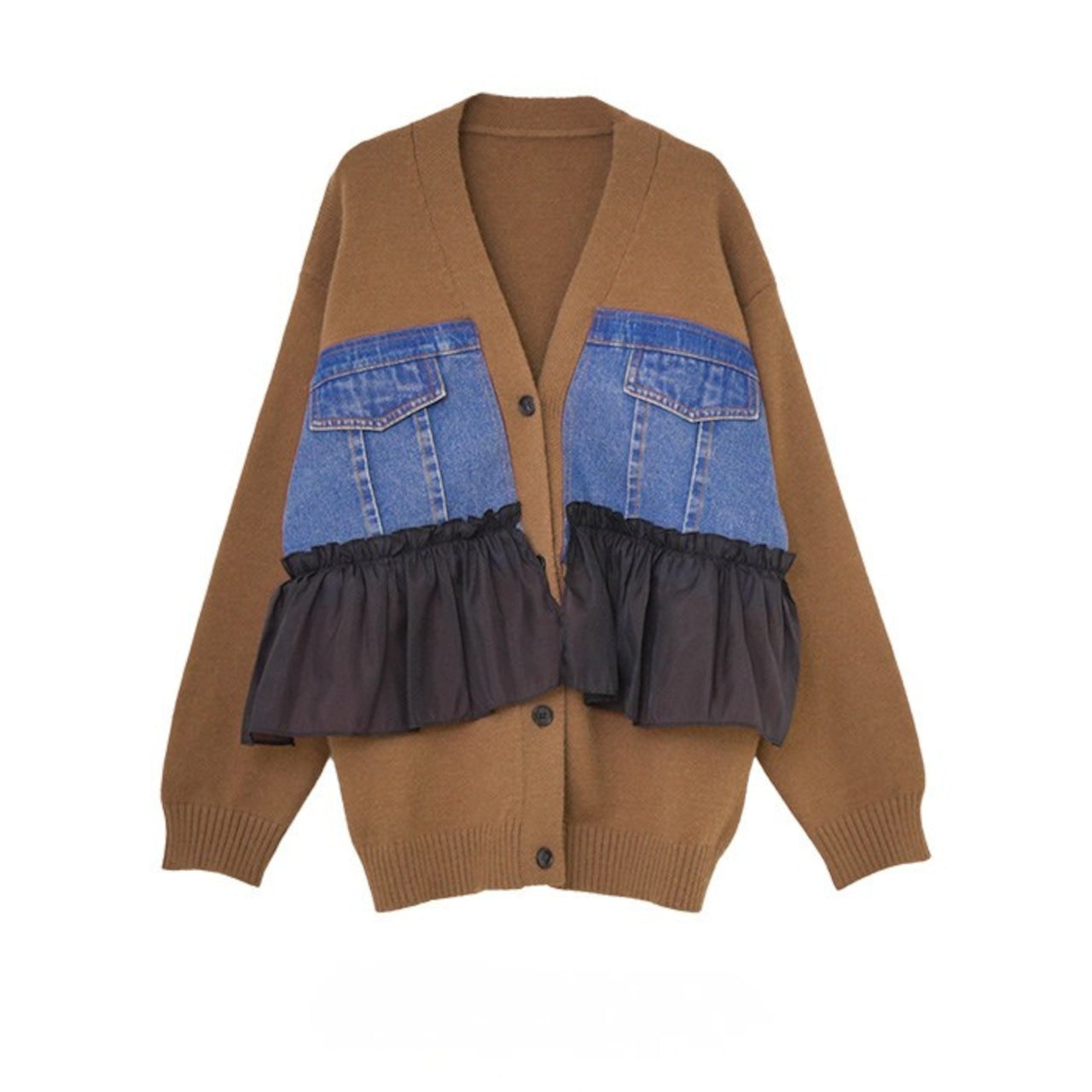 デニム×フリルドッキングニットカーディガン