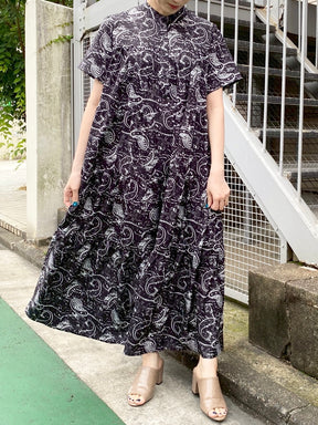 ペイズリー柄プリント半袖ティアードワンピース