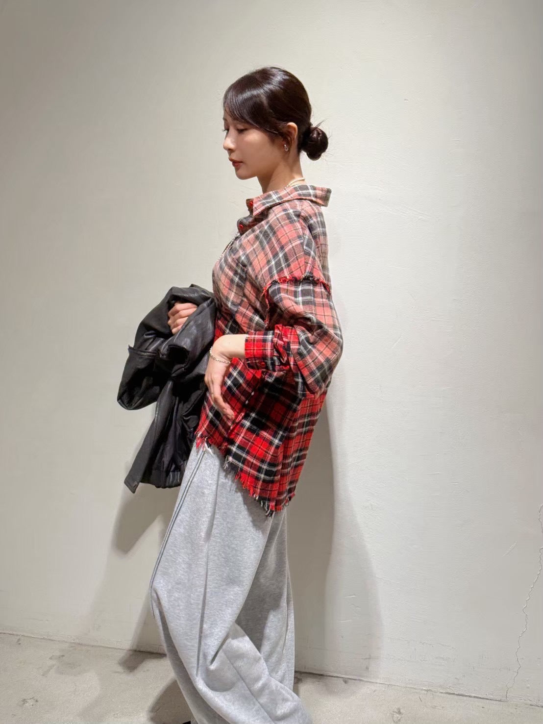 裾フリンジチェックシャツ