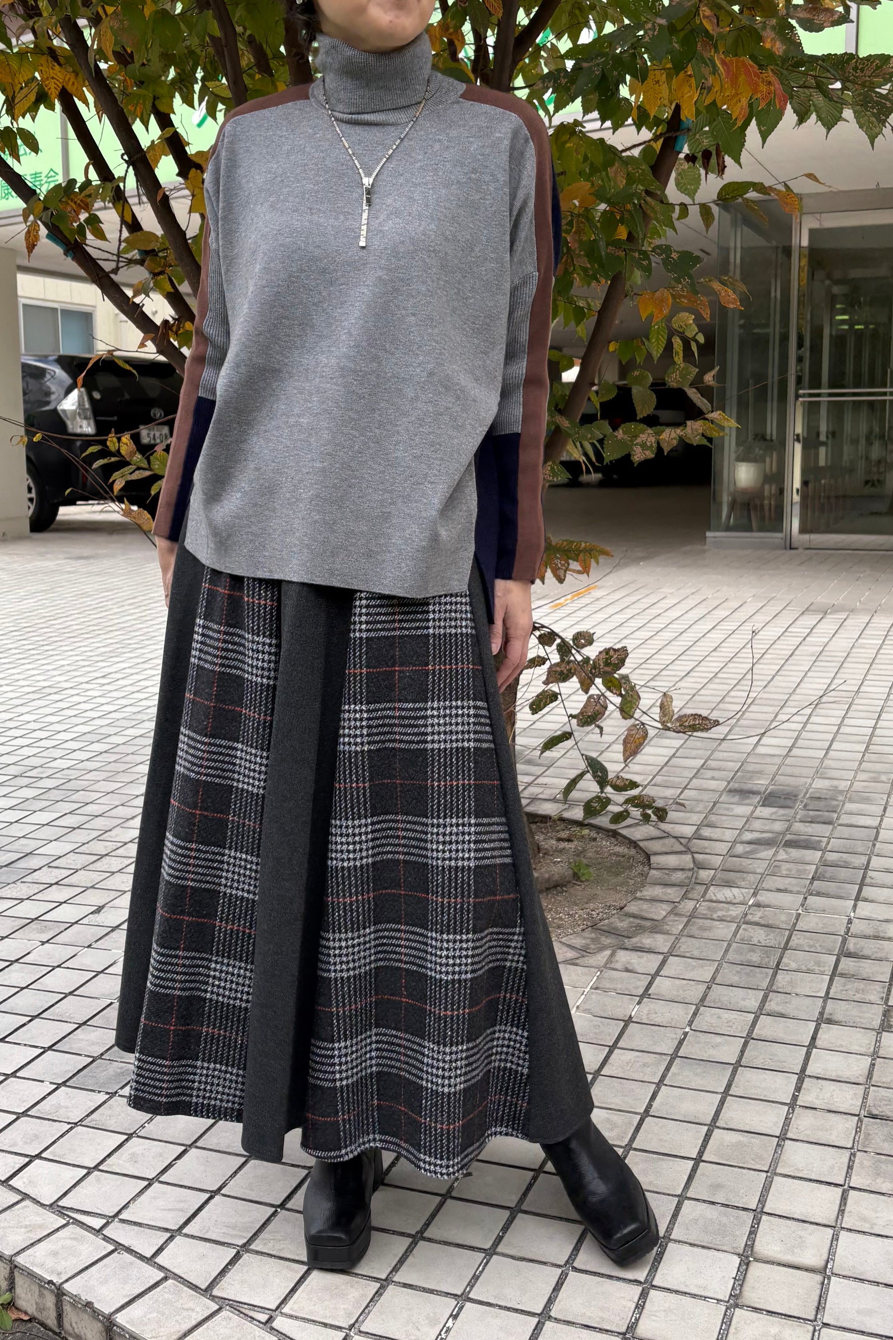 チェック×無地配色スカート