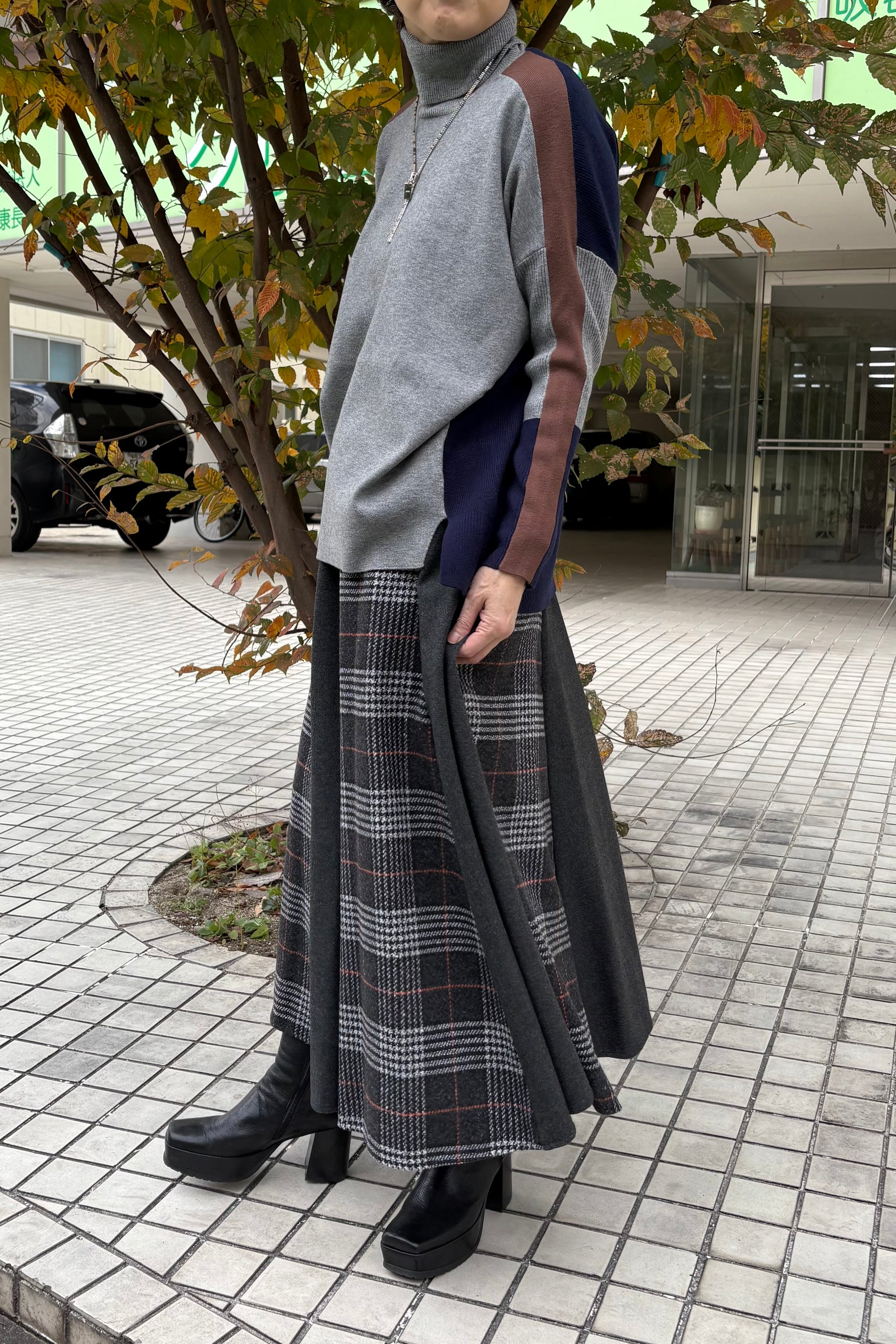 チェック×無地配色スカート