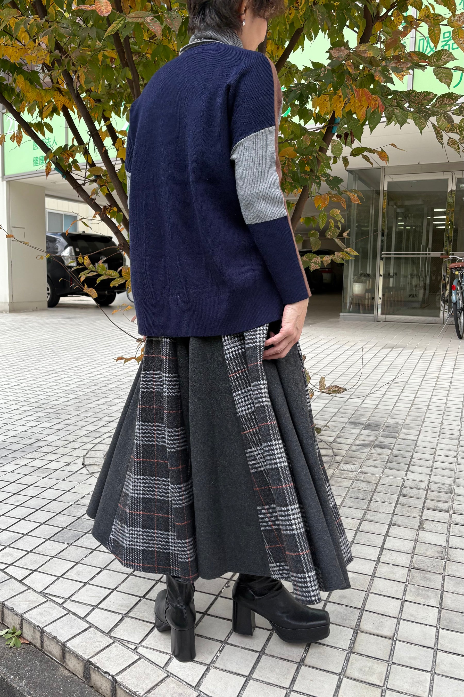 チェック×無地配色スカート