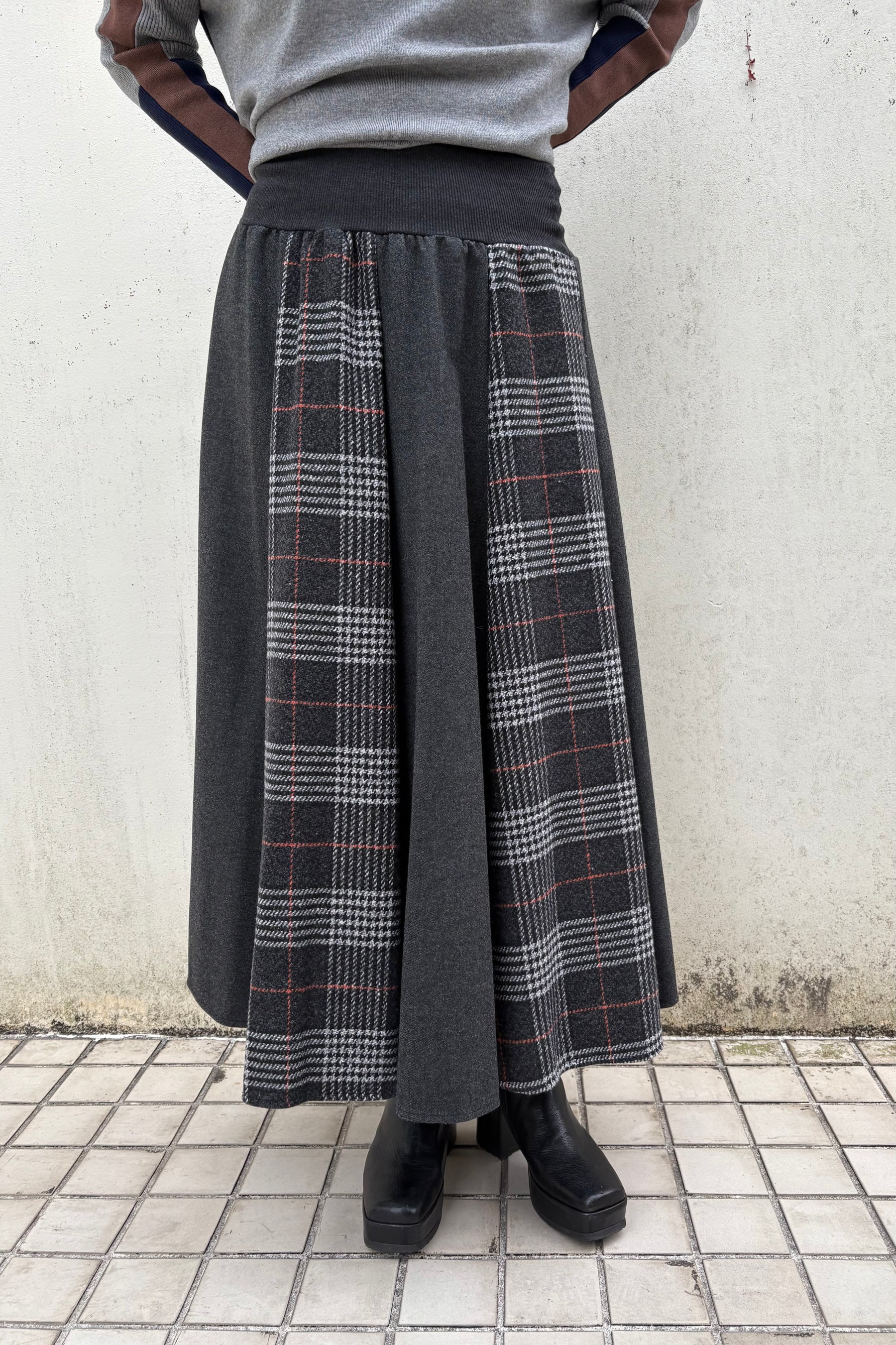 チェック×無地配色スカート