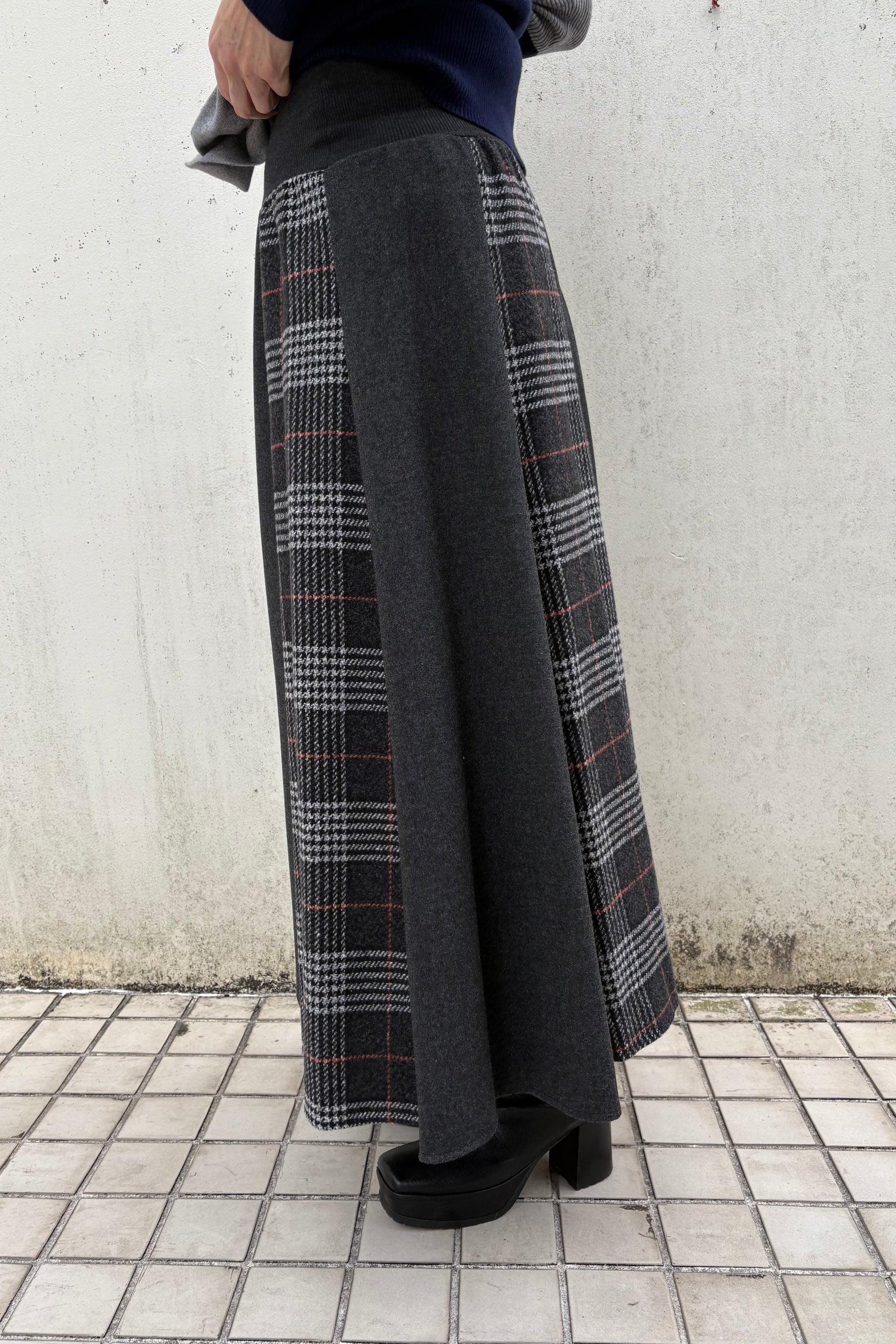チェック×無地配色スカート