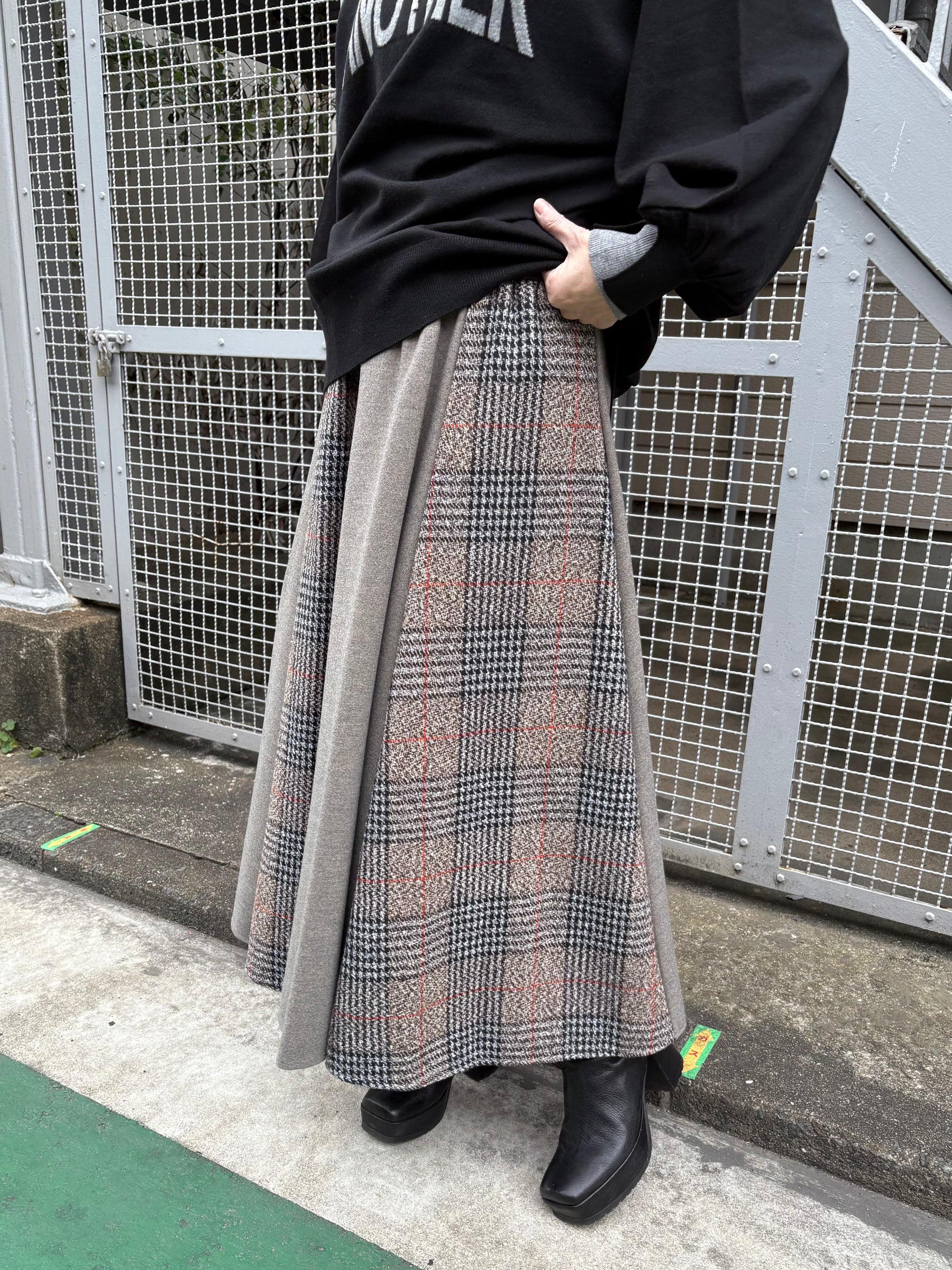 チェック×無地配色スカート