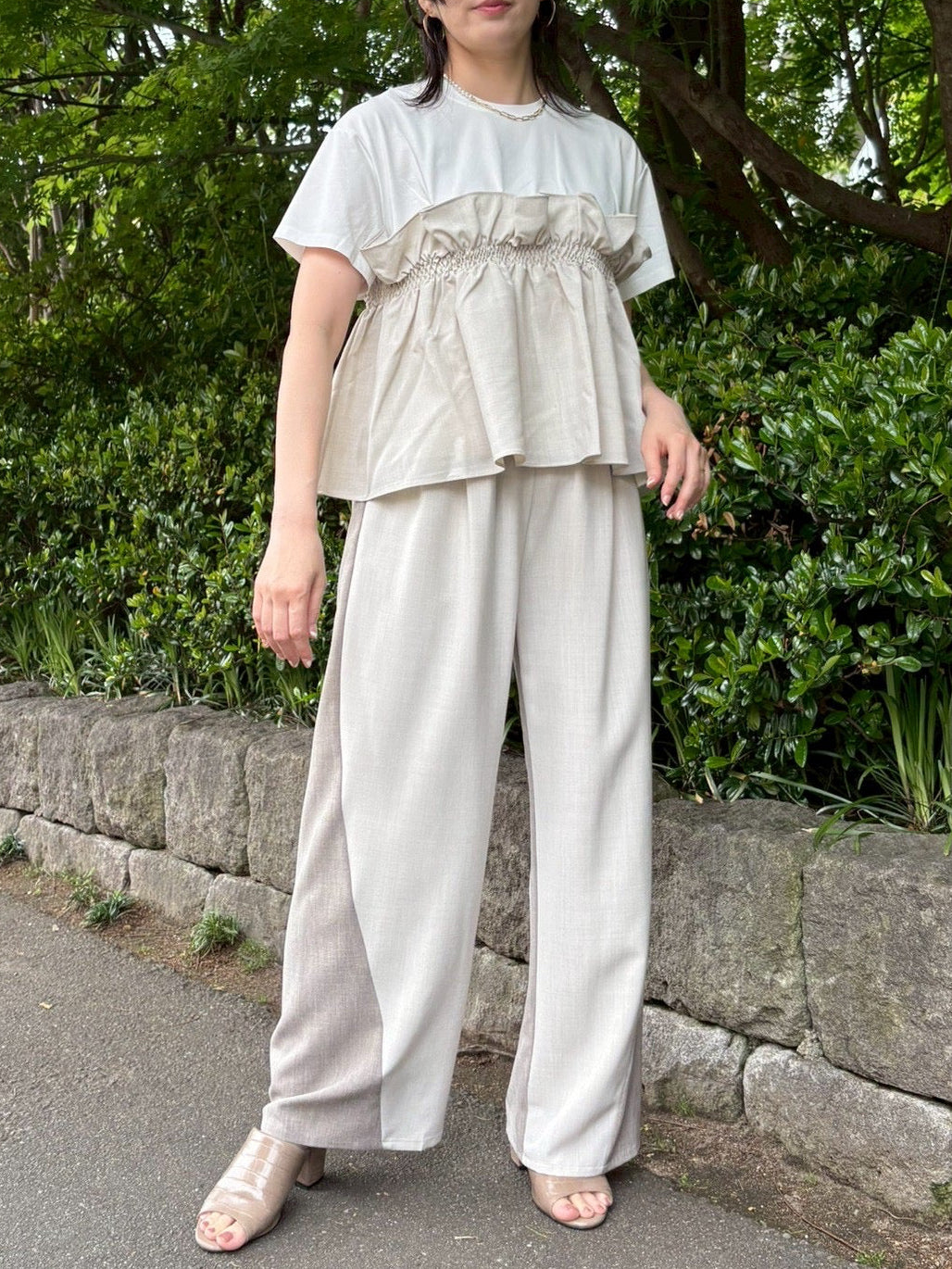 MACHATT♡新品マチャットプリーツタックスカート　アイボリー MONiLE (モニーレ)麻タッチ前後配色タックカーブパンツ002922