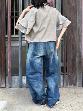 麻タッチラッフル半袖ブラウス