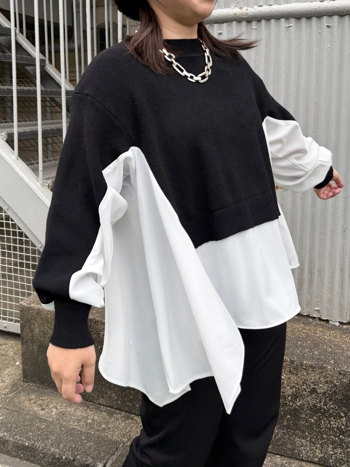 裾フレア異素材ドッキングニット