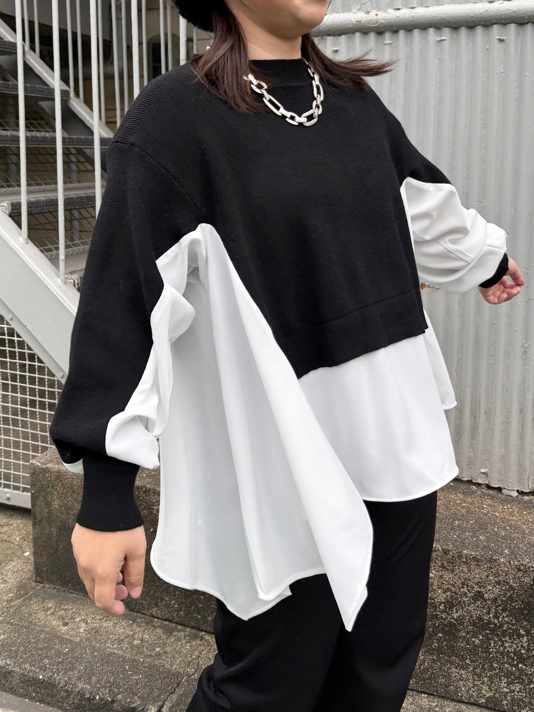 裾フレア異素材ドッキングニット