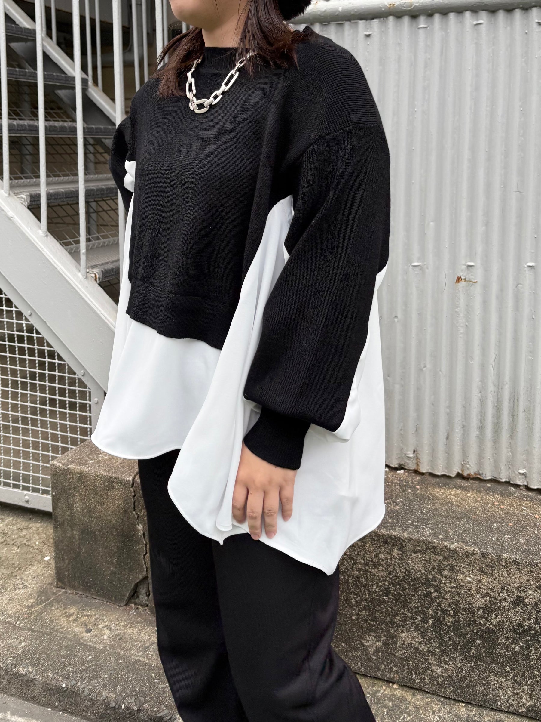 裾フレア異素材ドッキングニット