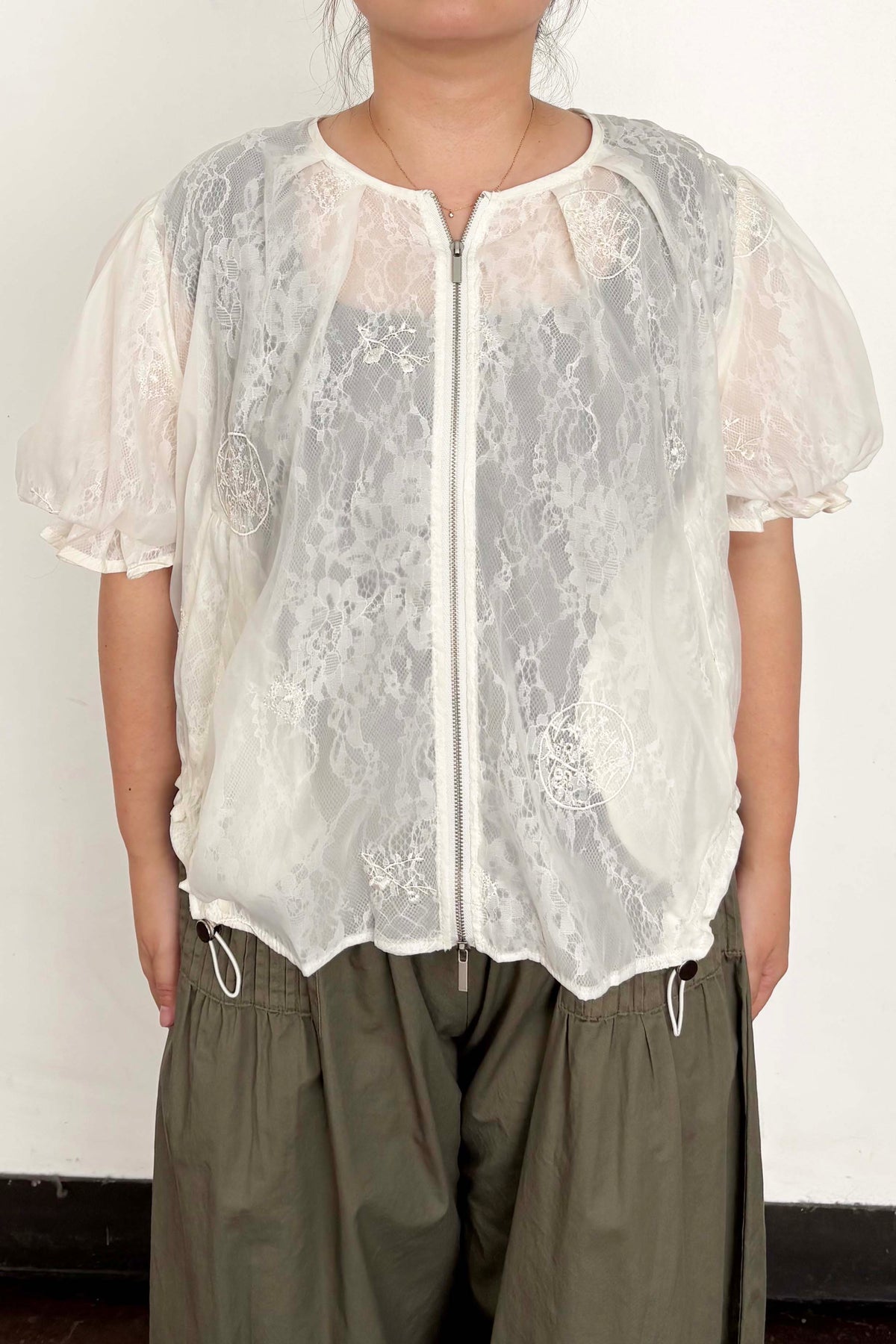 レース×シフォン半袖ブルゾン