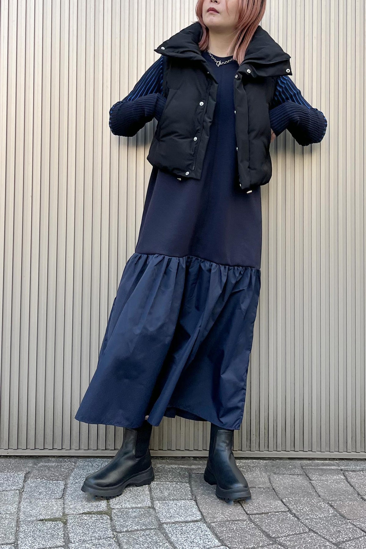 スリーブリブニットワンピース
