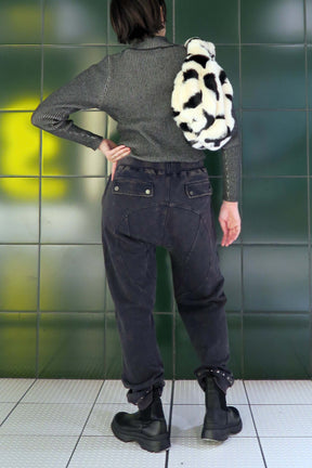 リブニットアシメスリットハイネックトップス