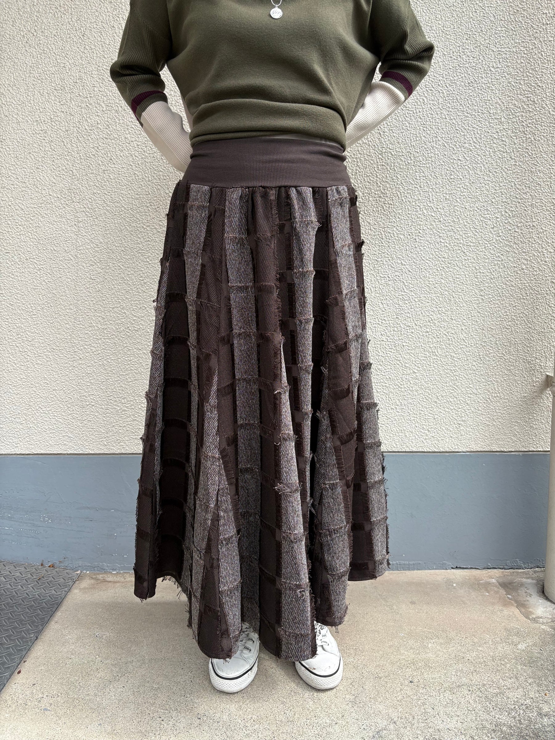 フリンジチェックロングスカート