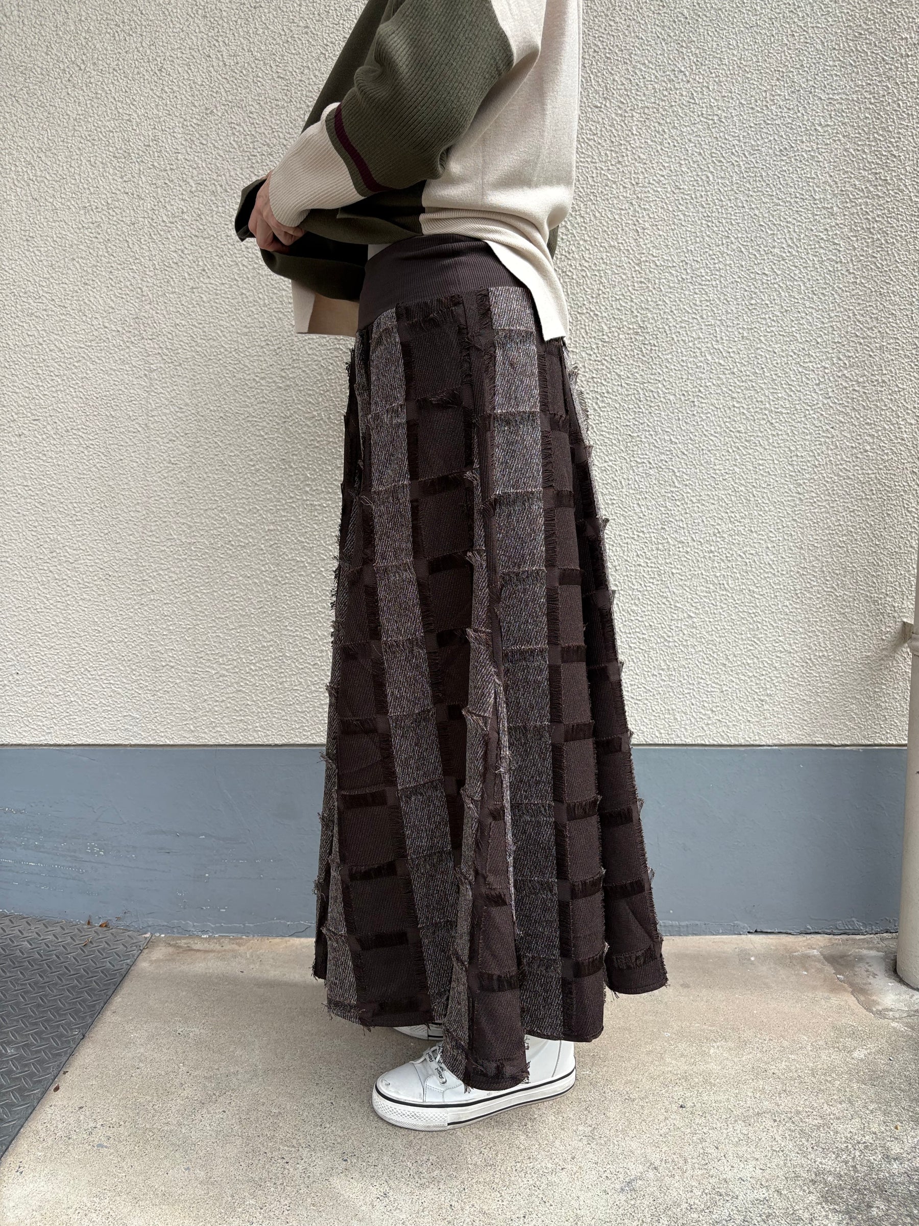 フリンジチェックロングスカート