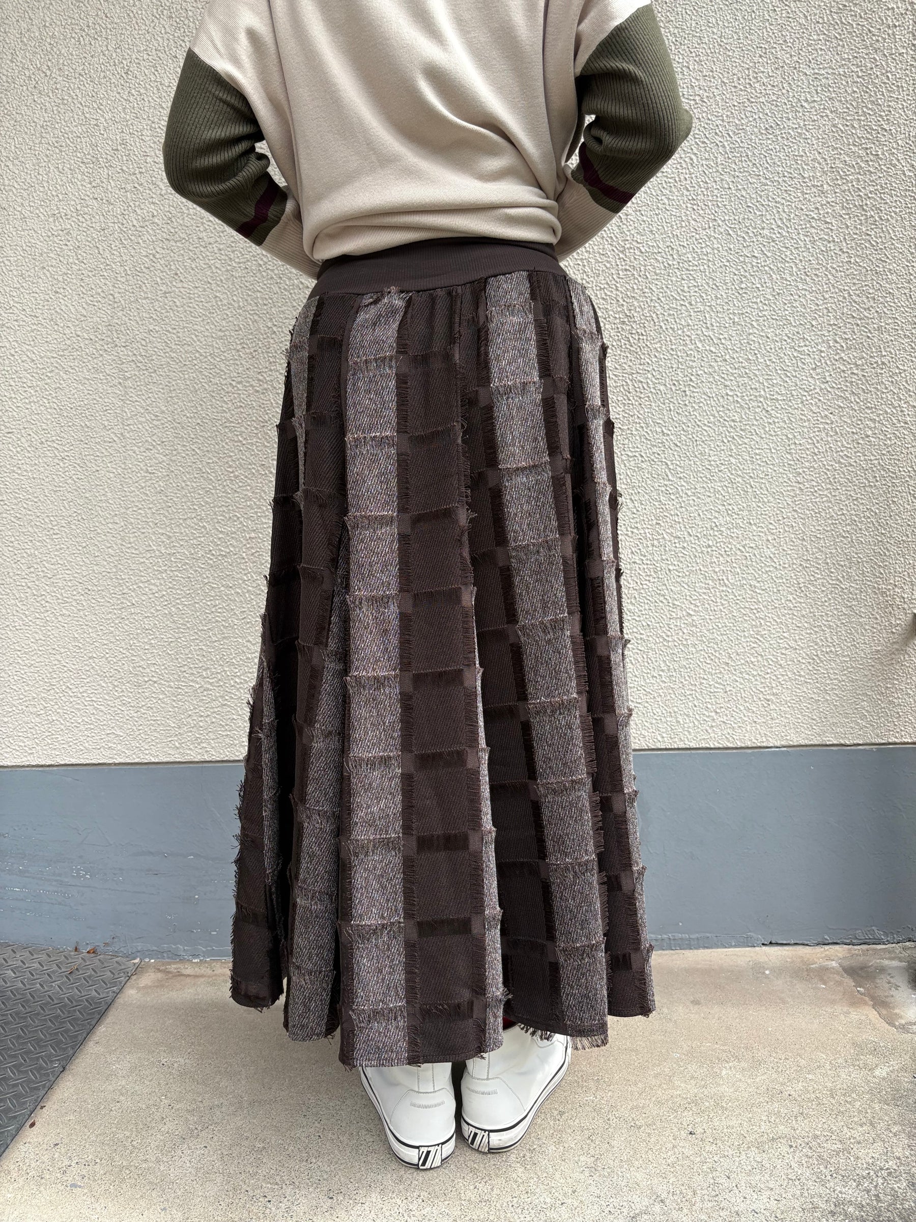 フリンジチェックロングスカート